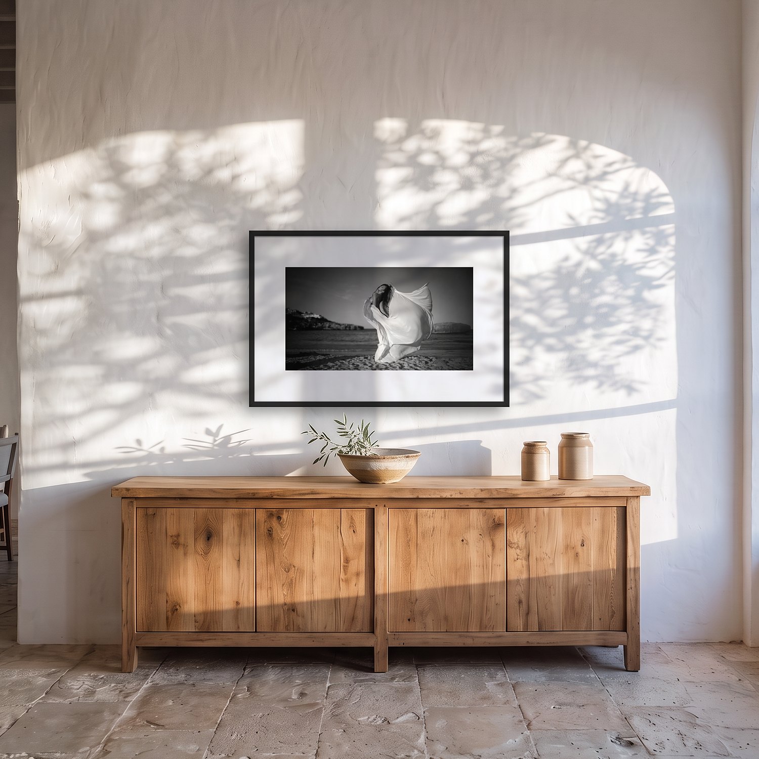 Murada – Landscape 3 Murada – black & white fine art print by Marcus Boéll, framed, shown in a dining room