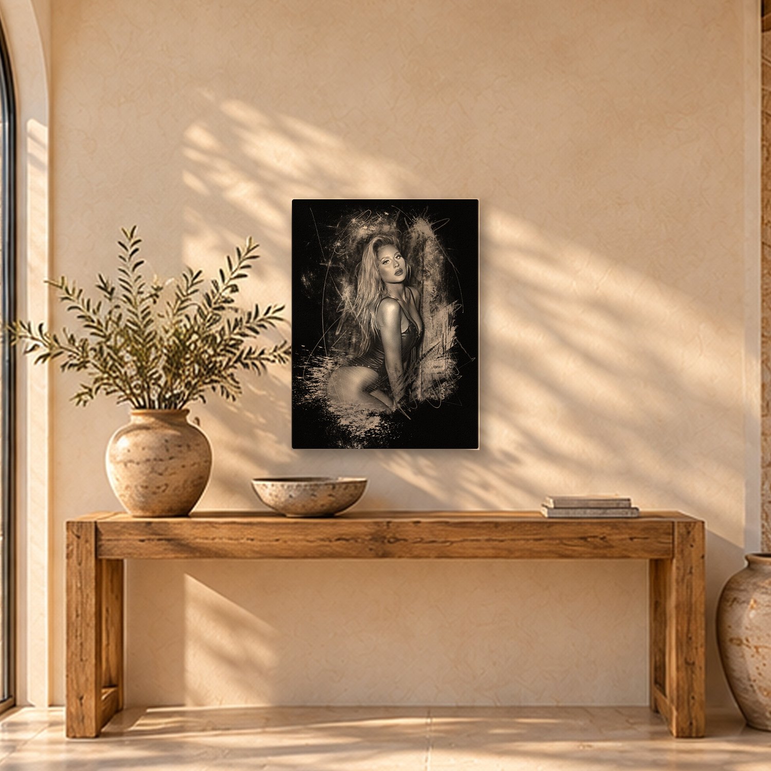 Paris – Graphic Art · Black · Monochrome 2 Paris – graphic art canvas print by Marcus Boéll (black background, monochrome), shown in an entrance hall