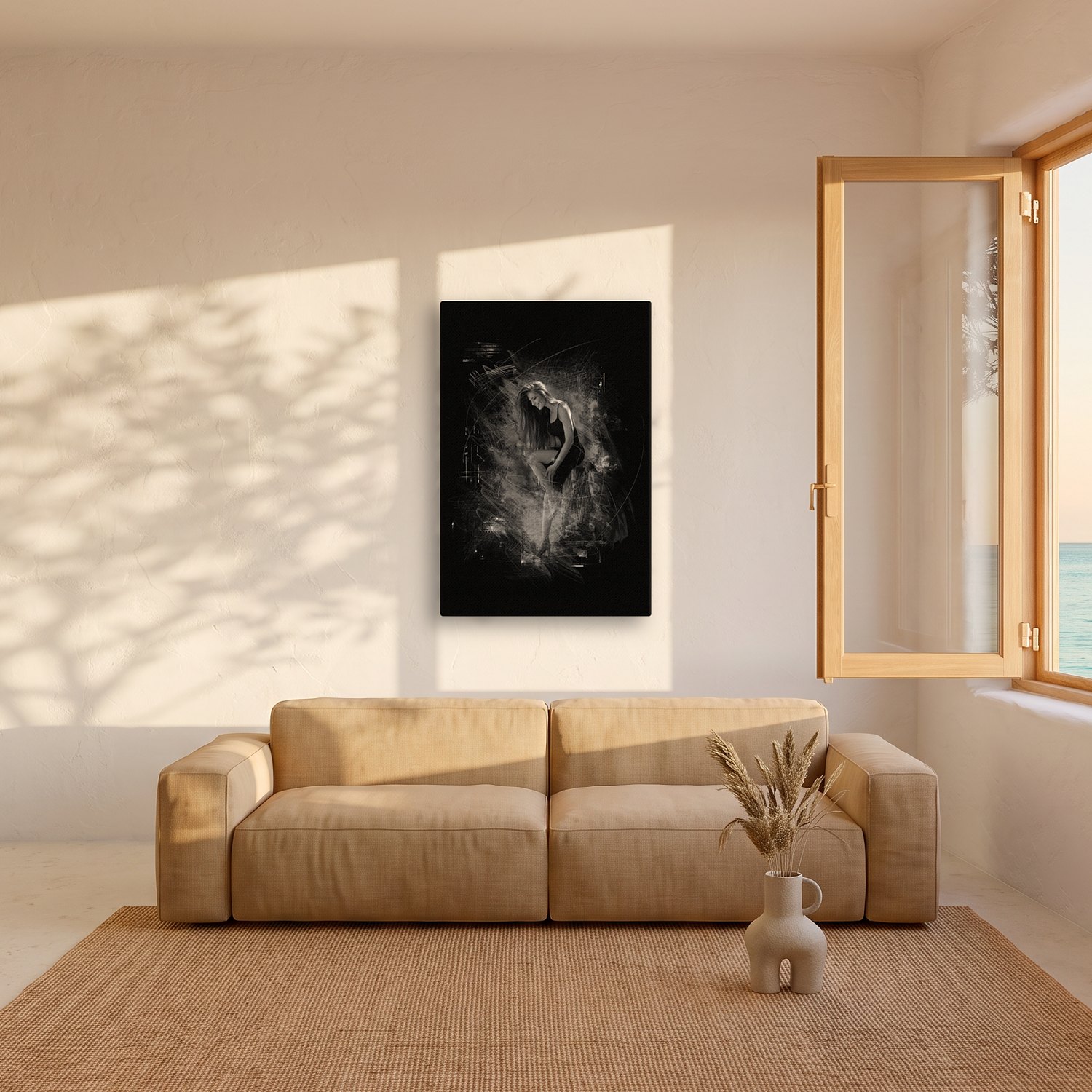 Petra – Graphic Art · Black · Monochrome 2 Petra – graphic art canvas print by Marcus Boéll (black background, monochrome), shown in a living room