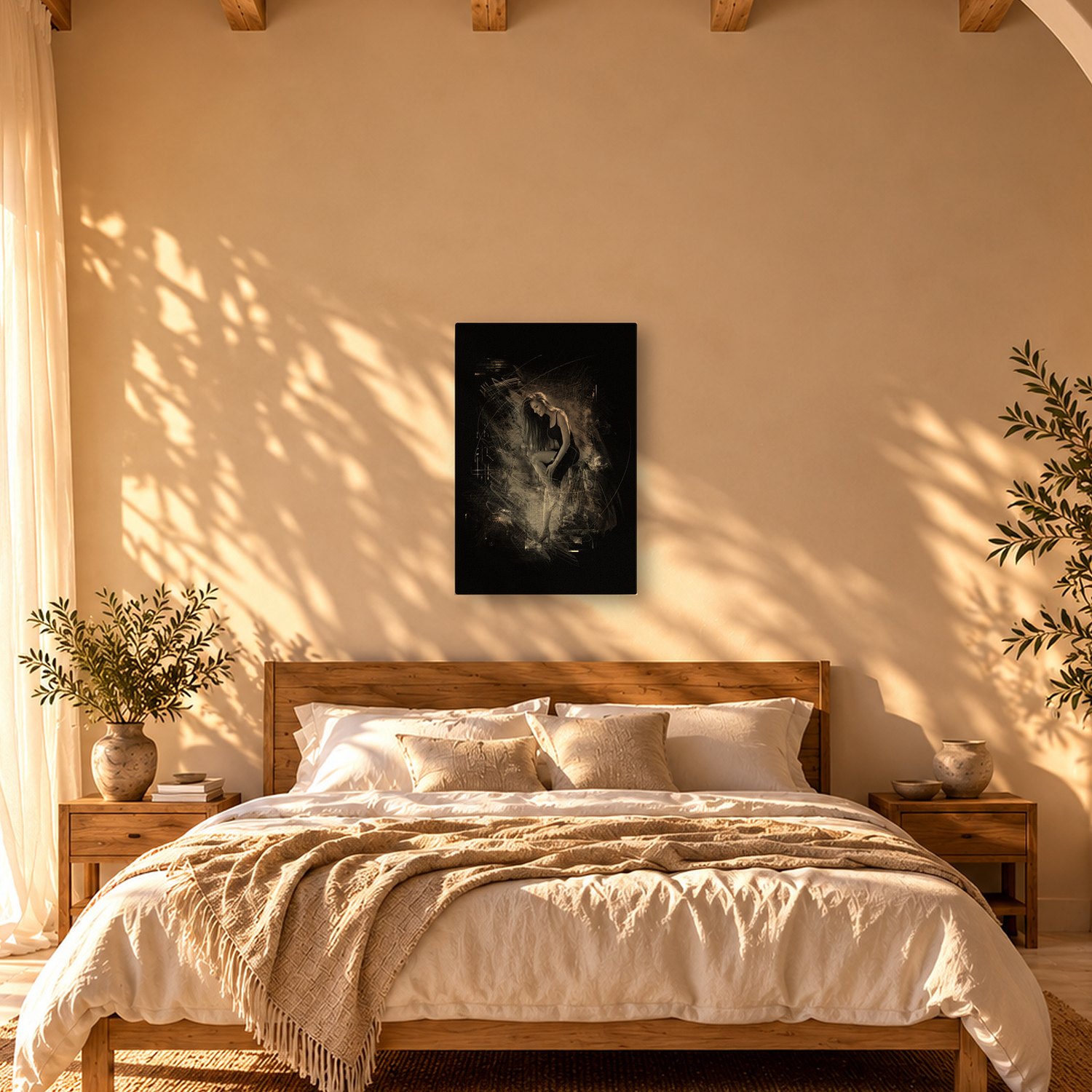 Petra – Graphic Art · Black · Monochrome 3 Petra – graphic art canvas print by Marcus Boéll (black background, monochrome), shown in a bedroom