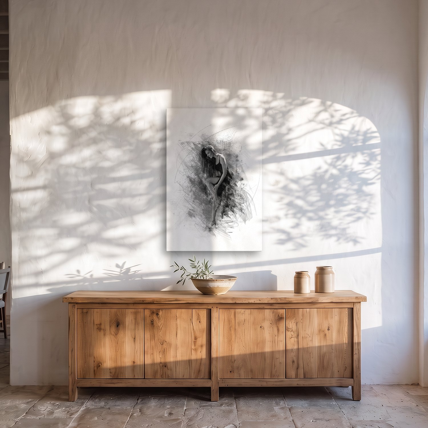 Petra – Graphic Art · White · Monochrome 2 Petra – graphic art canvas print by Marcus Boéll (white background, monochrome), shown in a dining room