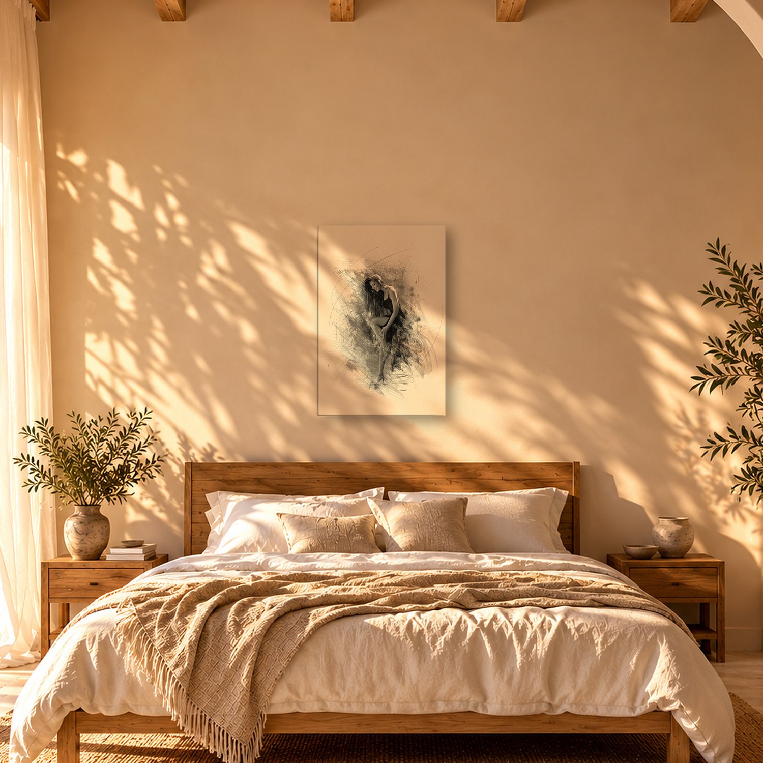 Petra – Graphic Art · White · Monochrome 3 Petra – graphic art canvas print by Marcus Boéll (white background, monochrome), shown in a bedroom