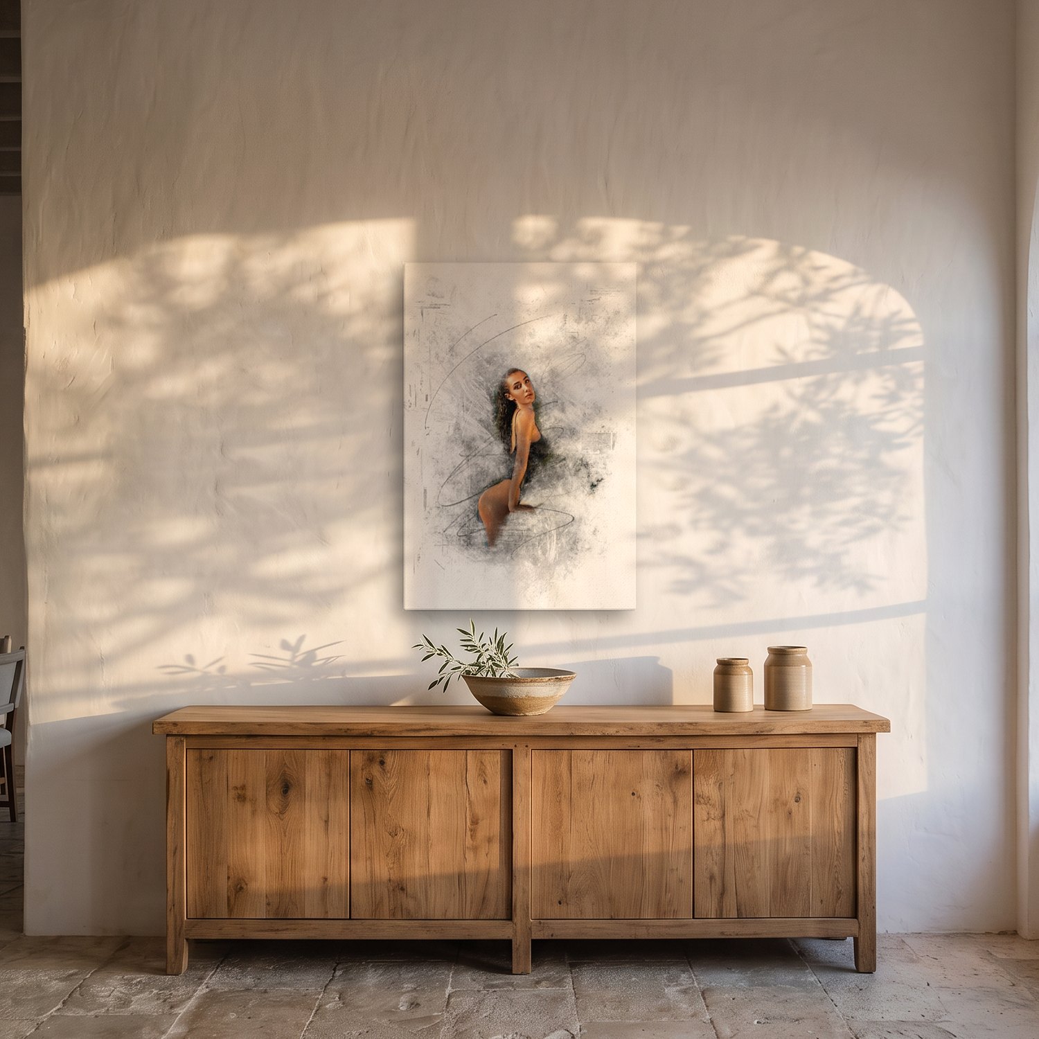 Portocolom – Graphic Art · White · Color 2 Portocolom – graphic art canvas print by Marcus Boéll (white background, color), shown in a dining room