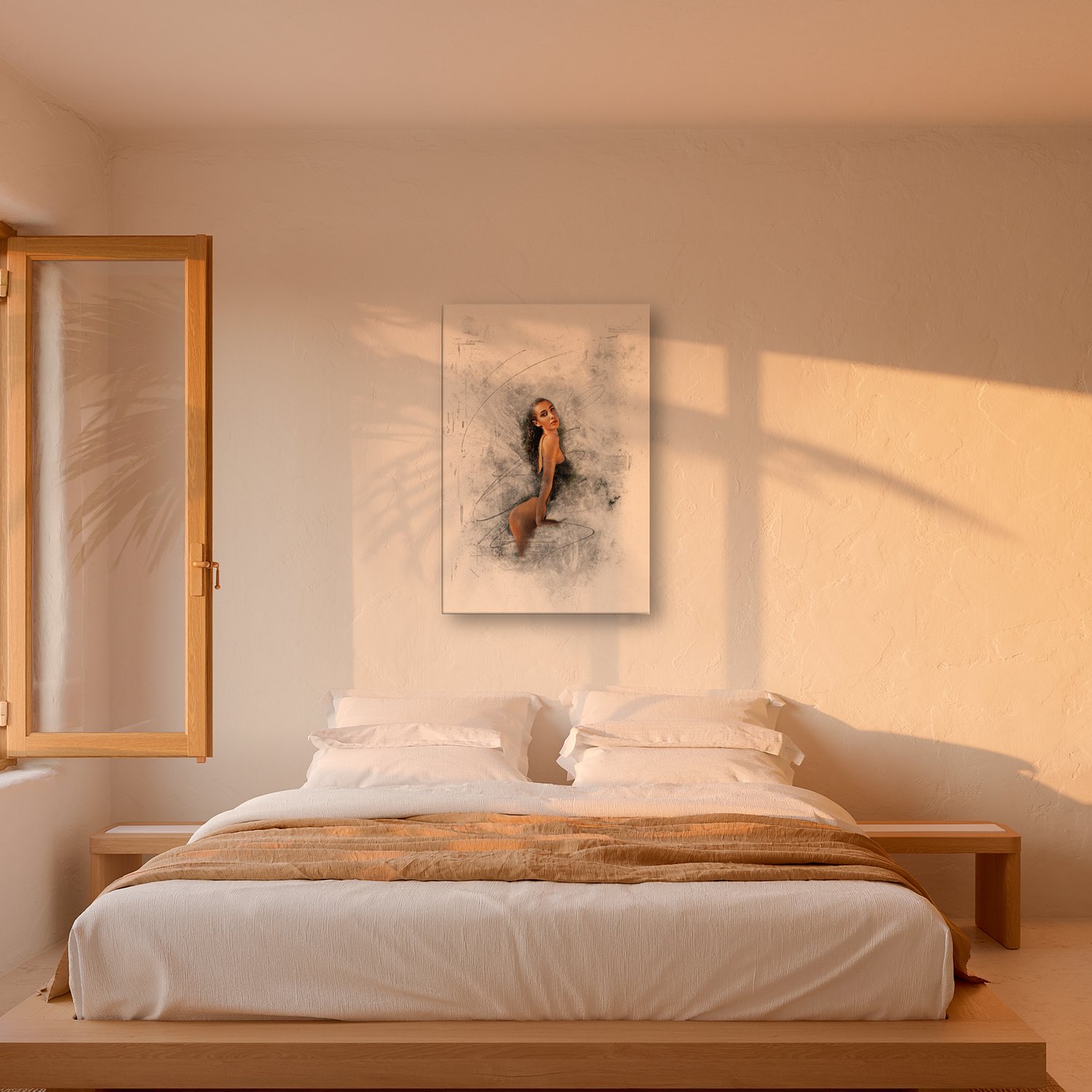 Portocolom – Graphic Art · White · Color 3 Portocolom – graphic art canvas print by Marcus Boéll (white background, color), shown in a bedroom
