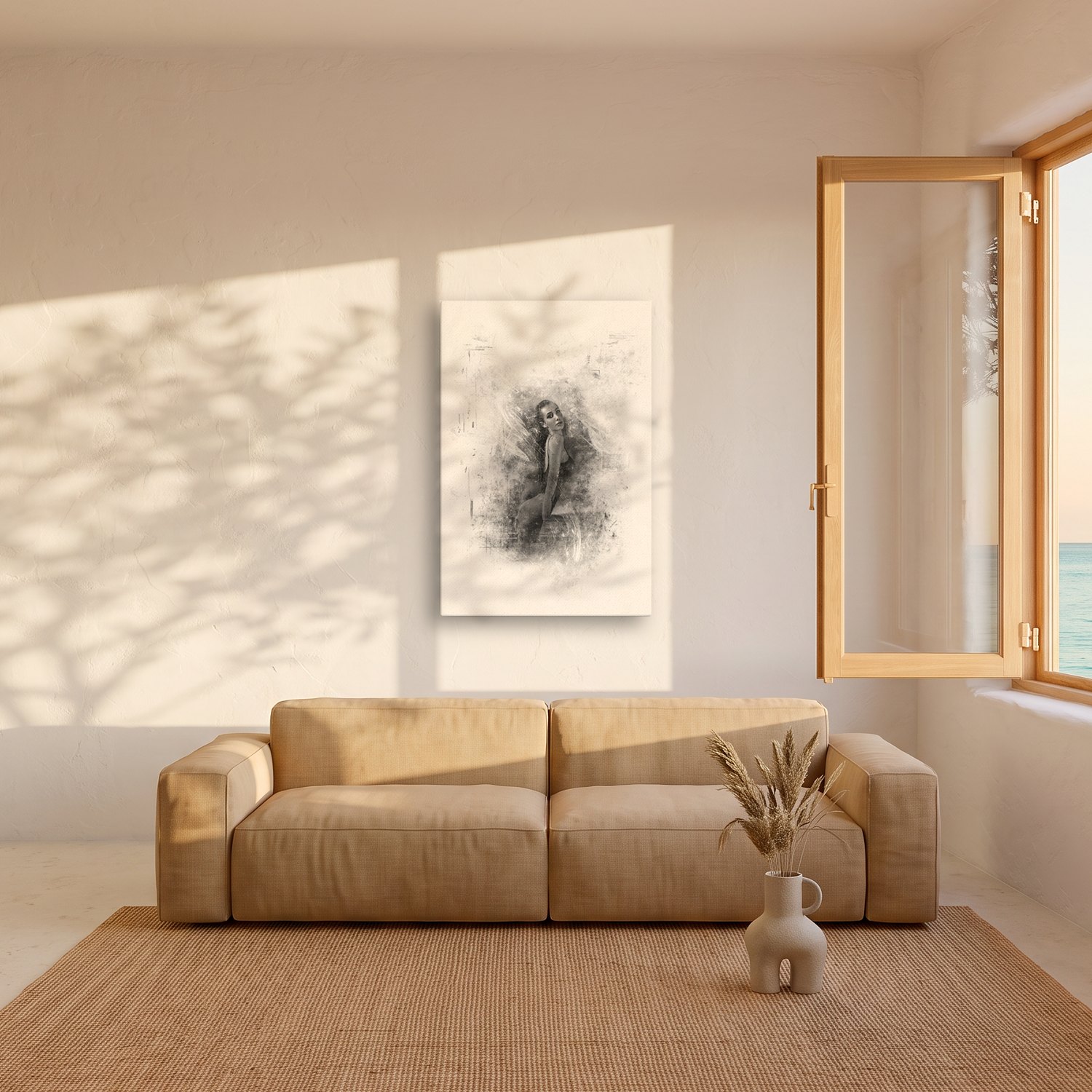 Portocolom – Graphic Art · White · Monochrome 2 Portocolom – graphic art canvas print by Marcus Boéll (white background, monochrome), shown in a living room