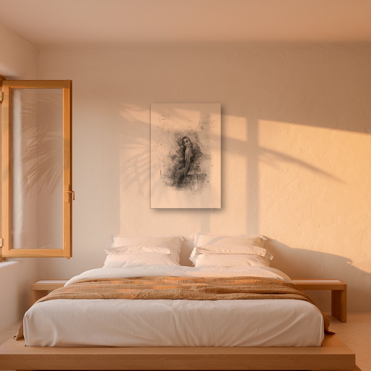 Portocolom – Graphic Art · White · Monochrome 3 Portocolom – graphic art canvas print by Marcus Boéll (white background, monochrome), shown in a bedroom