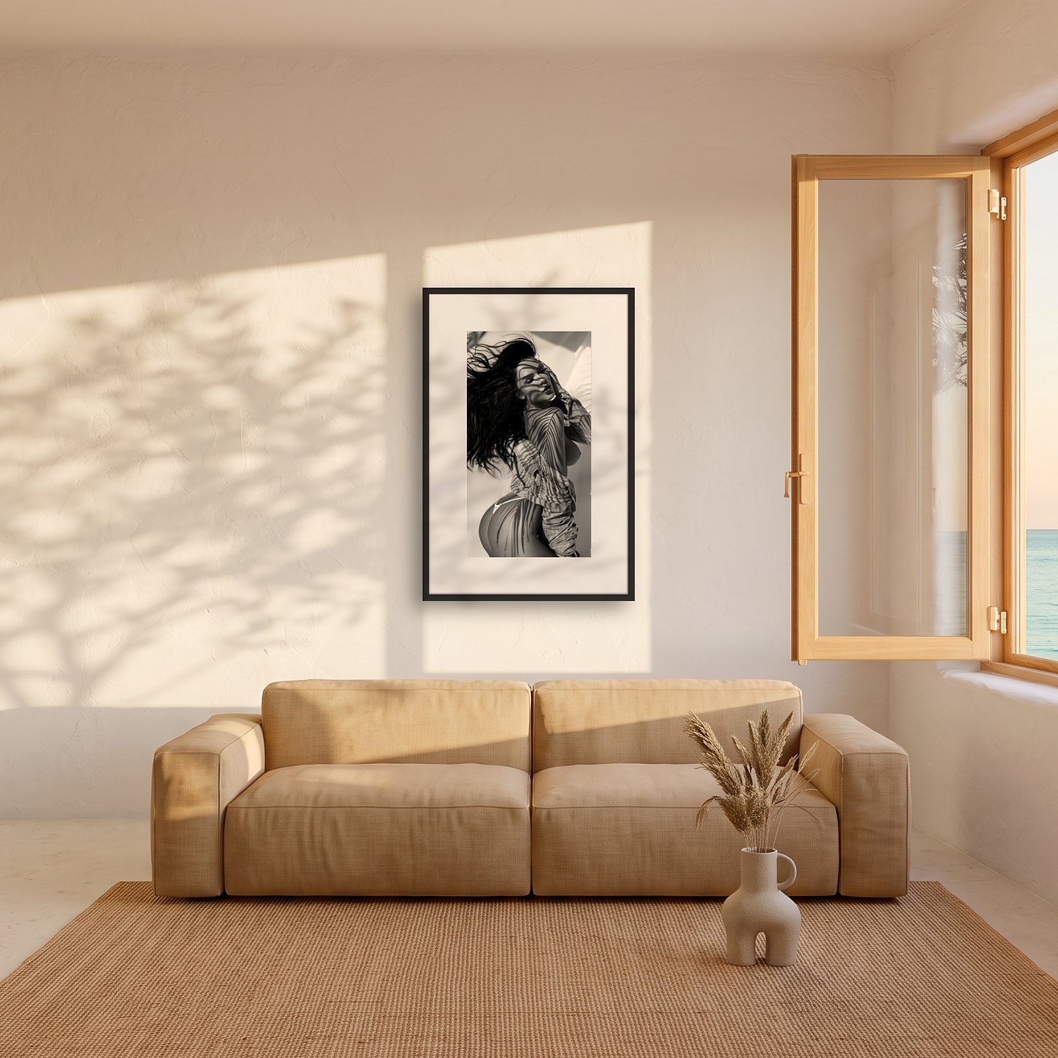 Sa Nau 2 Sa Nau – black & white fine art print by Marcus Boéll, framed, shown in a living room