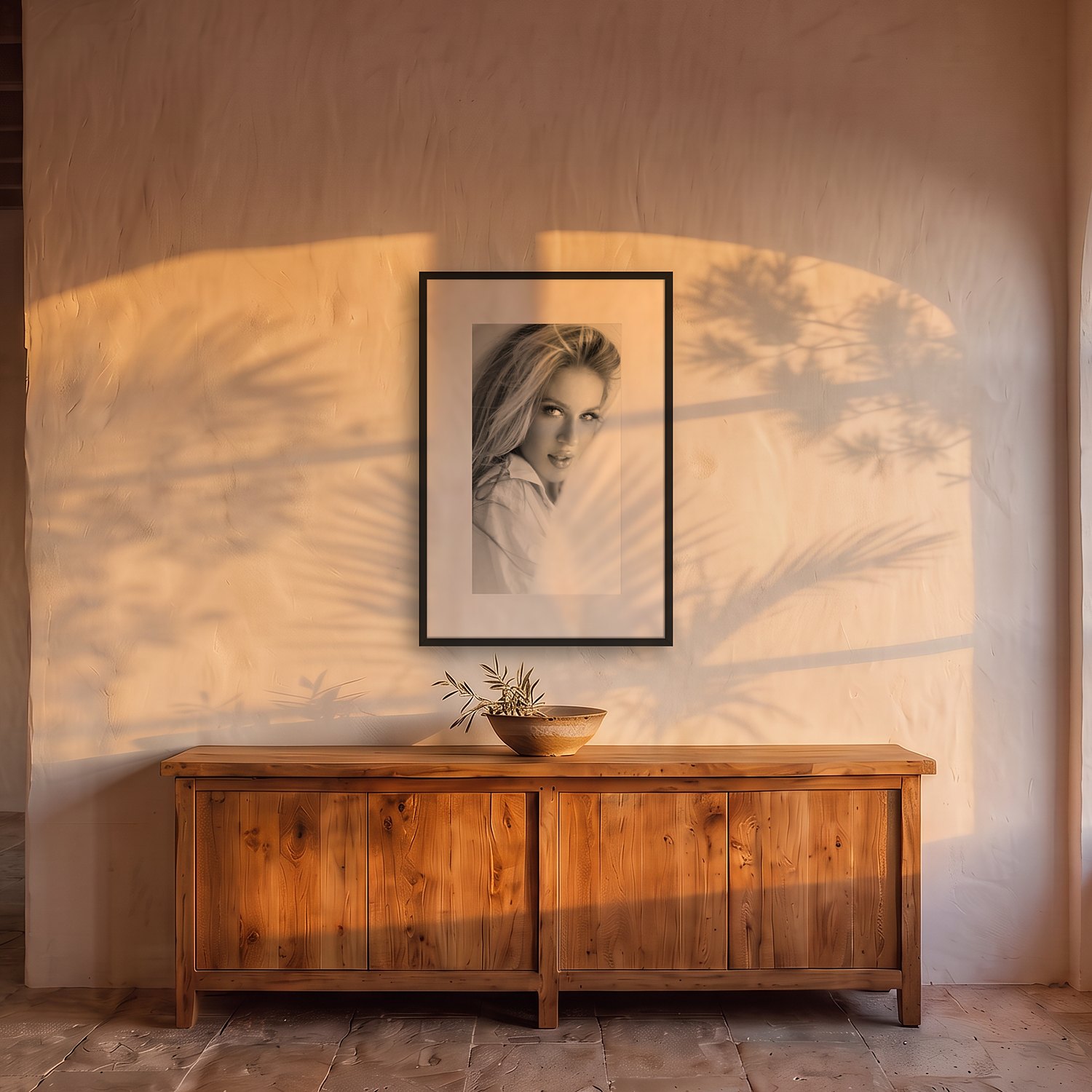 Sa Torre 2 Sa Torre – black & white fine art print by Marcus Boéll, framed, shown in a dining room