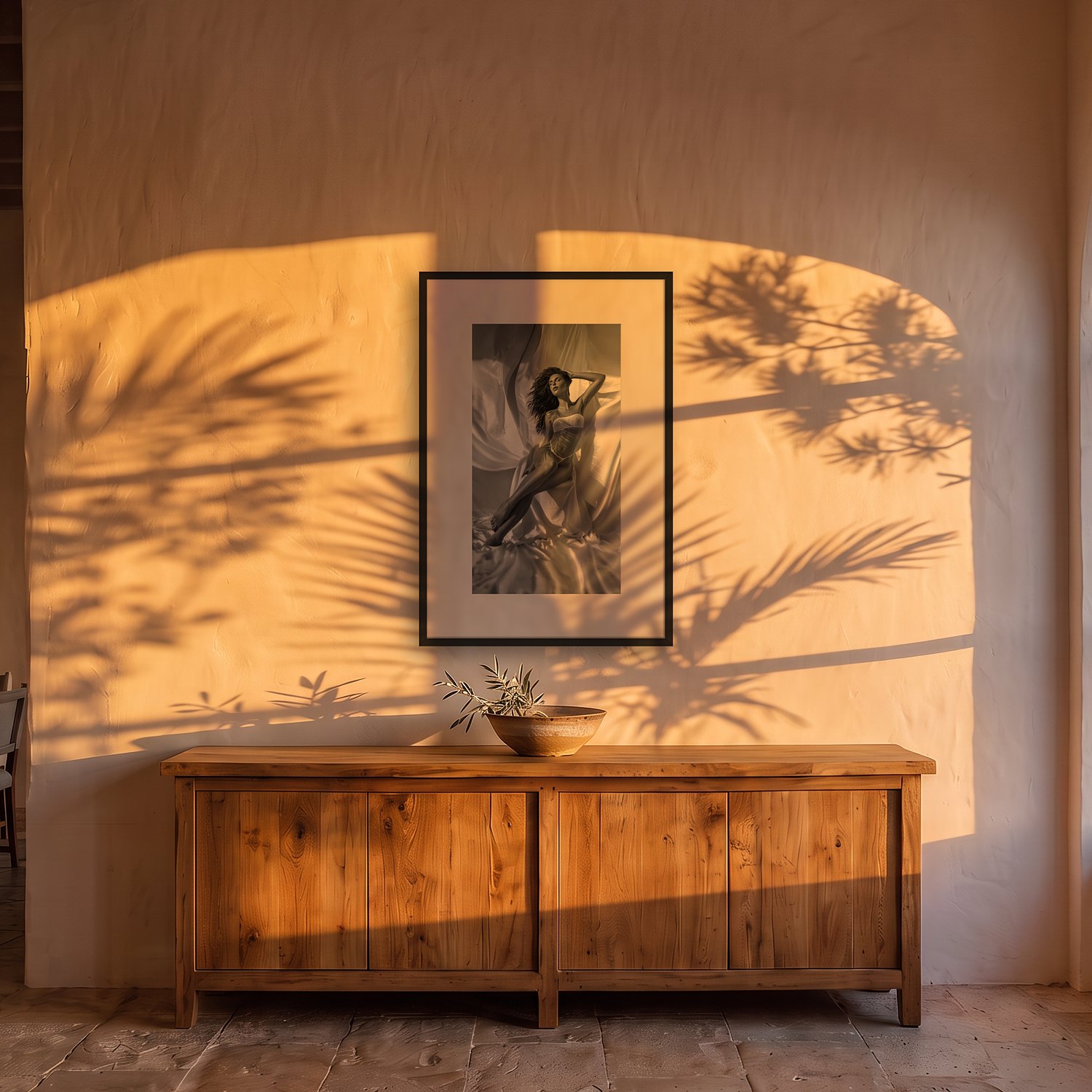 Sa Torre Nova 2 Sa Torre Nova – black & white fine art print by Marcus Boéll, framed, shown in a dining room