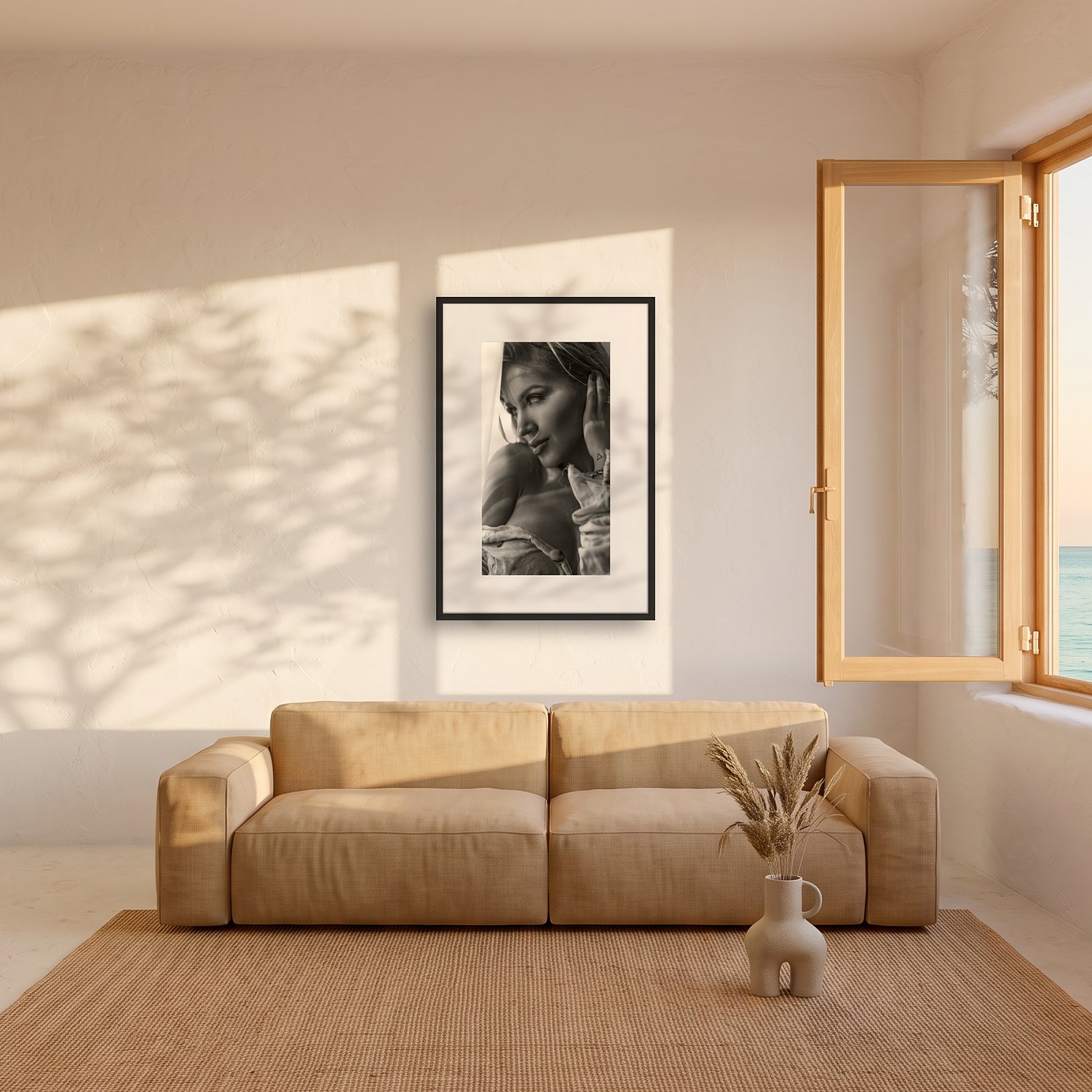 Sa Vinyola 2 Sa Vinyola – black & white fine art print by Marcus Boéll, framed, shown in a living room