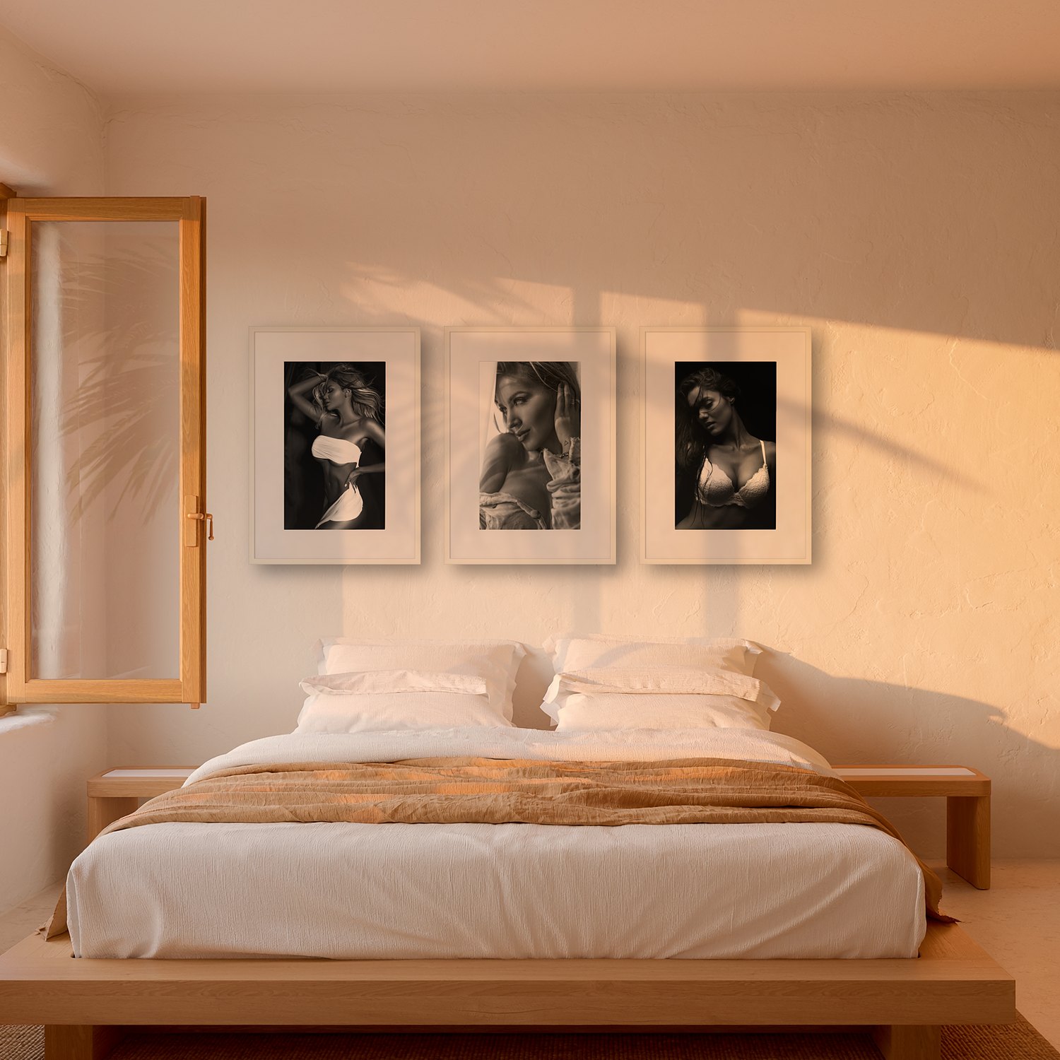 Sa Vinyola 3 Sa Vinyola – black & white fine art print by Marcus Boéll, framed, shown in a bedroom