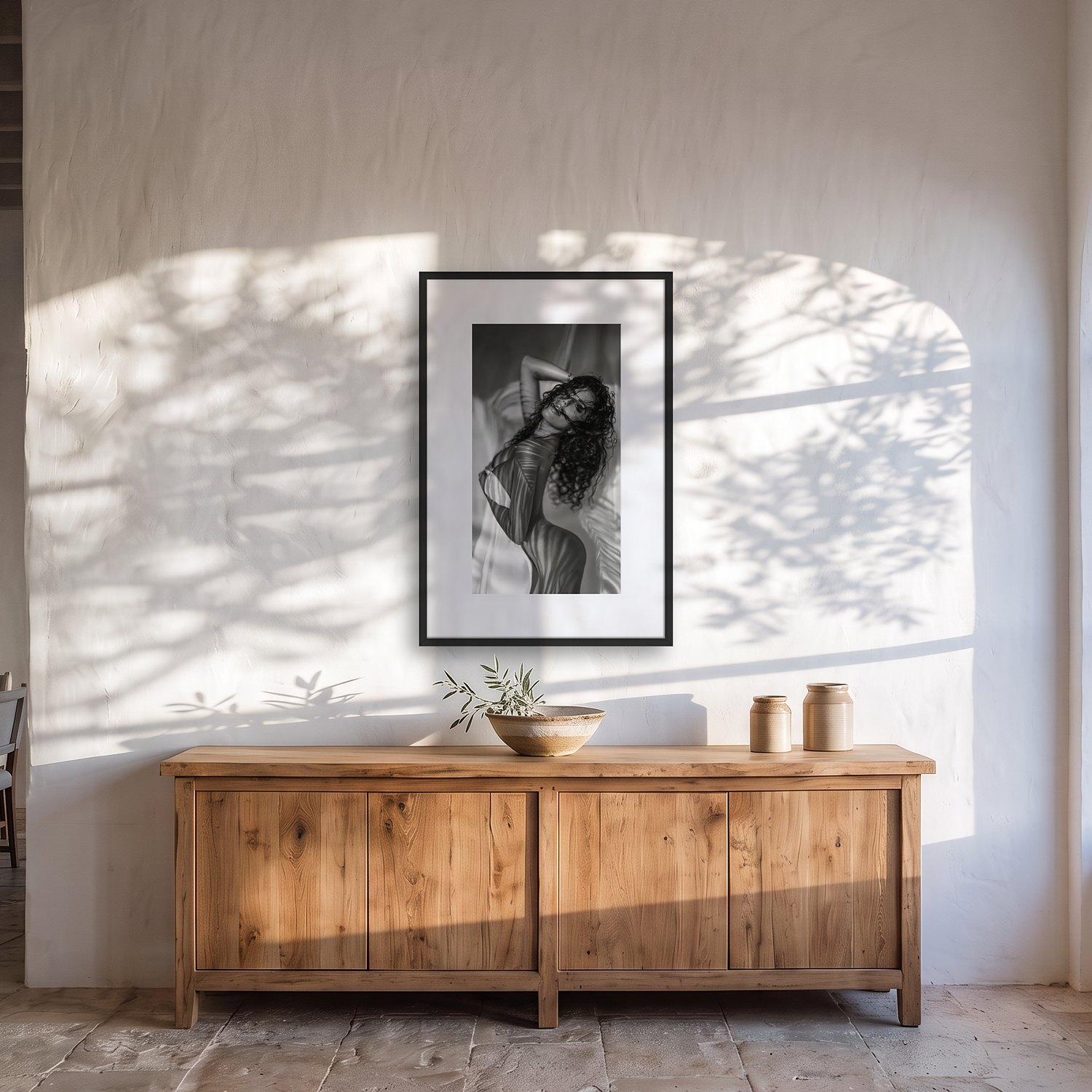 Sant Jordi 2 Sant Jordi – black & white fine art print by Marcus Boéll, framed, shown in a dining room