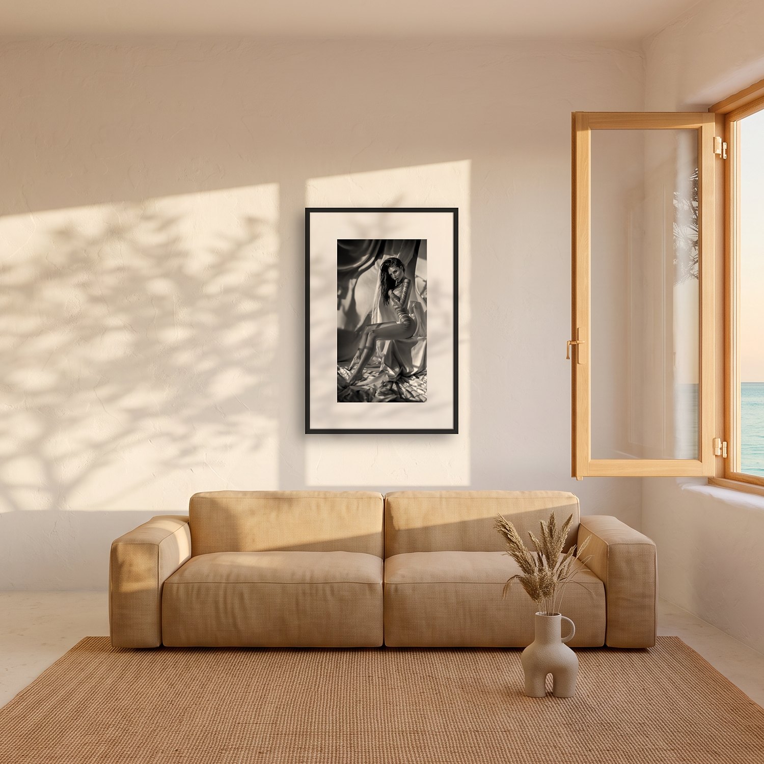 Santa Ponca 2 Santa Ponca – black & white fine art print by Marcus Boéll, framed, shown in a living room