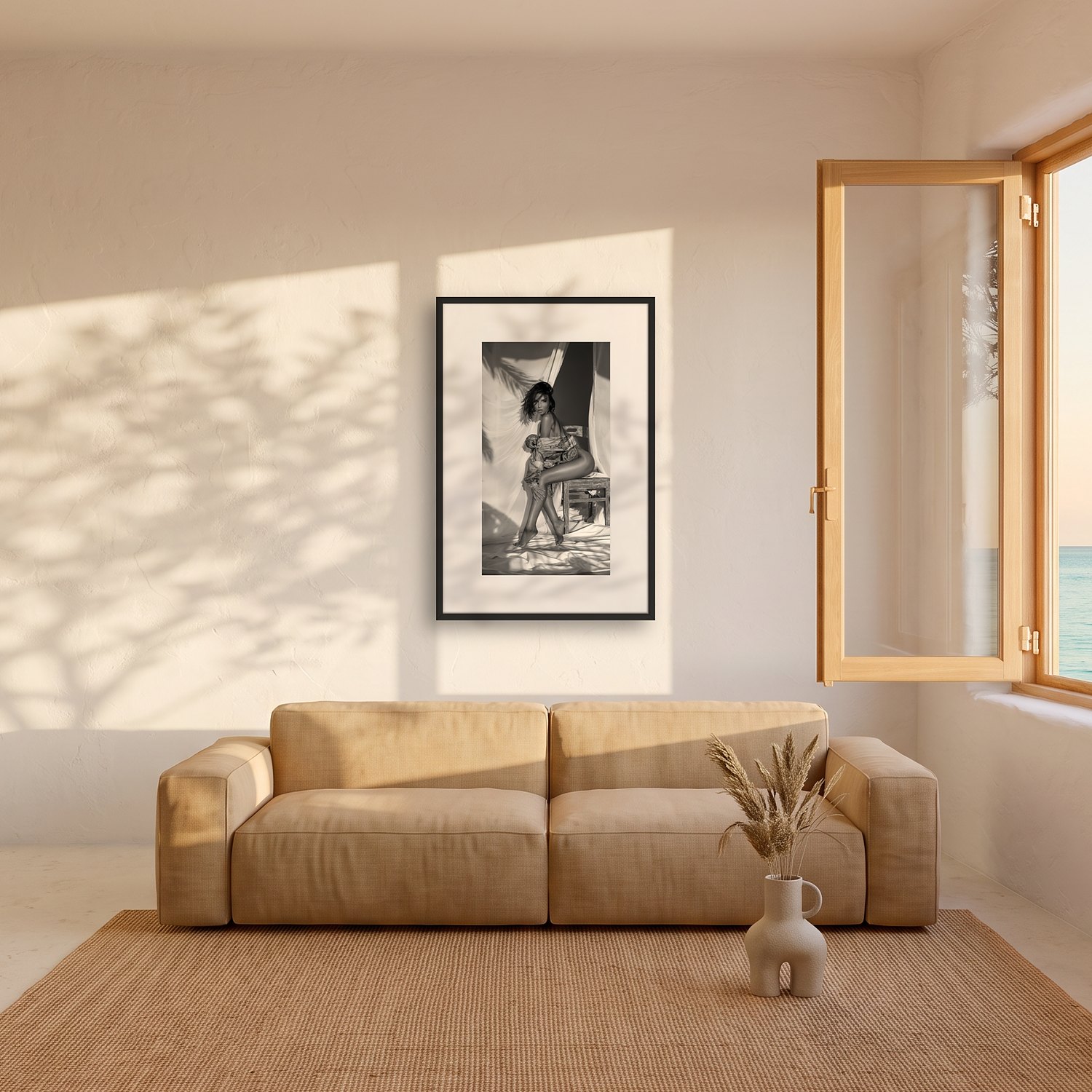 Serena 2 Serena – black & white fine art print by Marcus Boéll, framed, shown in a living room