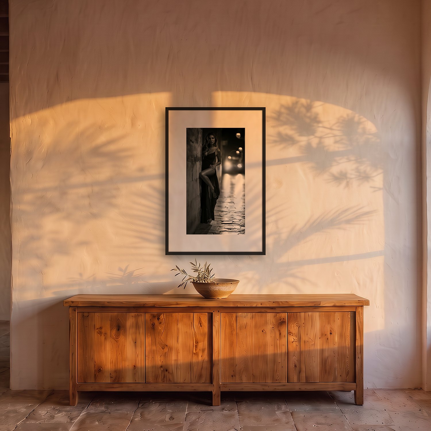 Sexy night Dilara 2 Sexy night Dilara – black & white fine art print by Marcus Boéll, framed, shown in a dining room