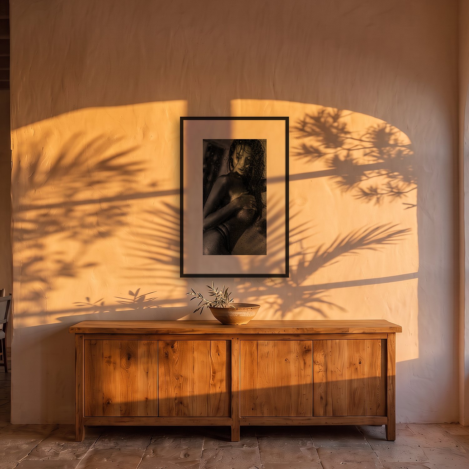 Shower is the best place for... 2 Shower is the best place for… – black & white fine art print by Marcus Boéll, framed, shown in a dining room