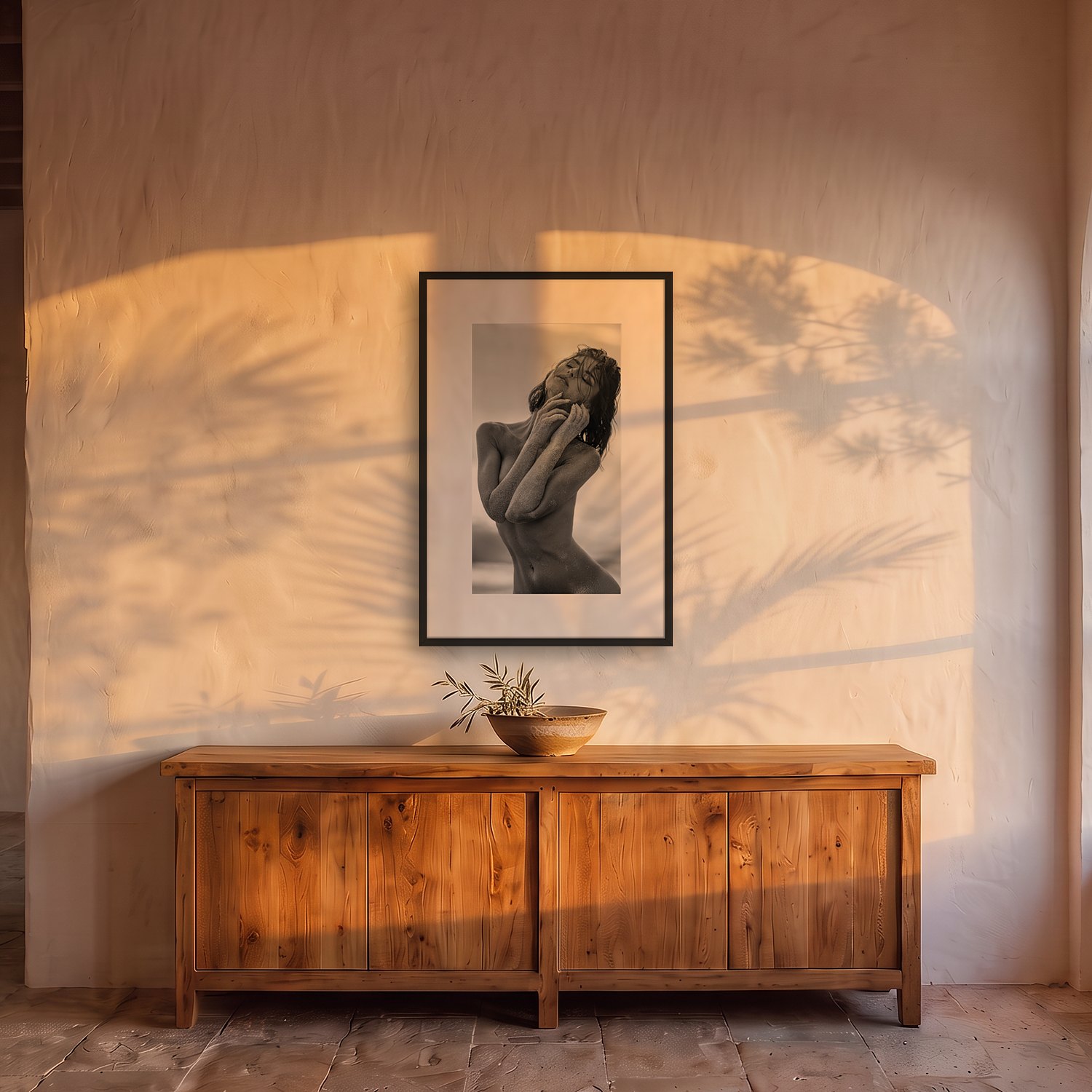 Son Carió 2 Son Carió – black & white fine art print by Marcus Boéll, framed, shown in a dining room