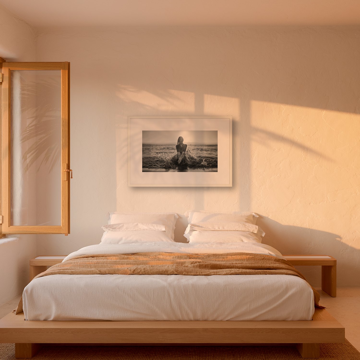 Son Mesquida – Landscape 2 Son Mesquida – black & white fine art print by Marcus Boéll, framed, shown in a bedroom