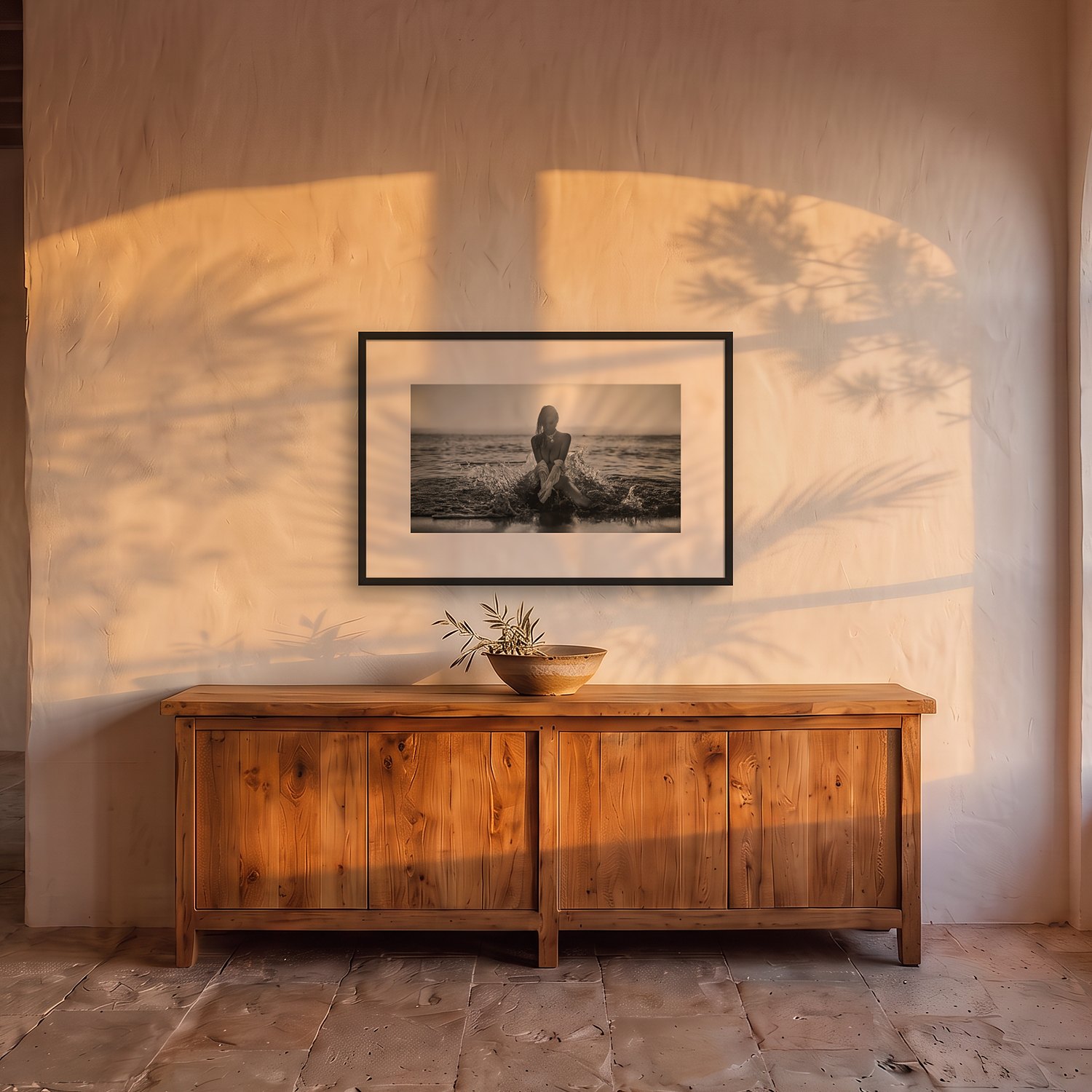 Son Mesquida – Landscape 3 Son Mesquida – black & white fine art print by Marcus Boéll, framed, shown in a dining room