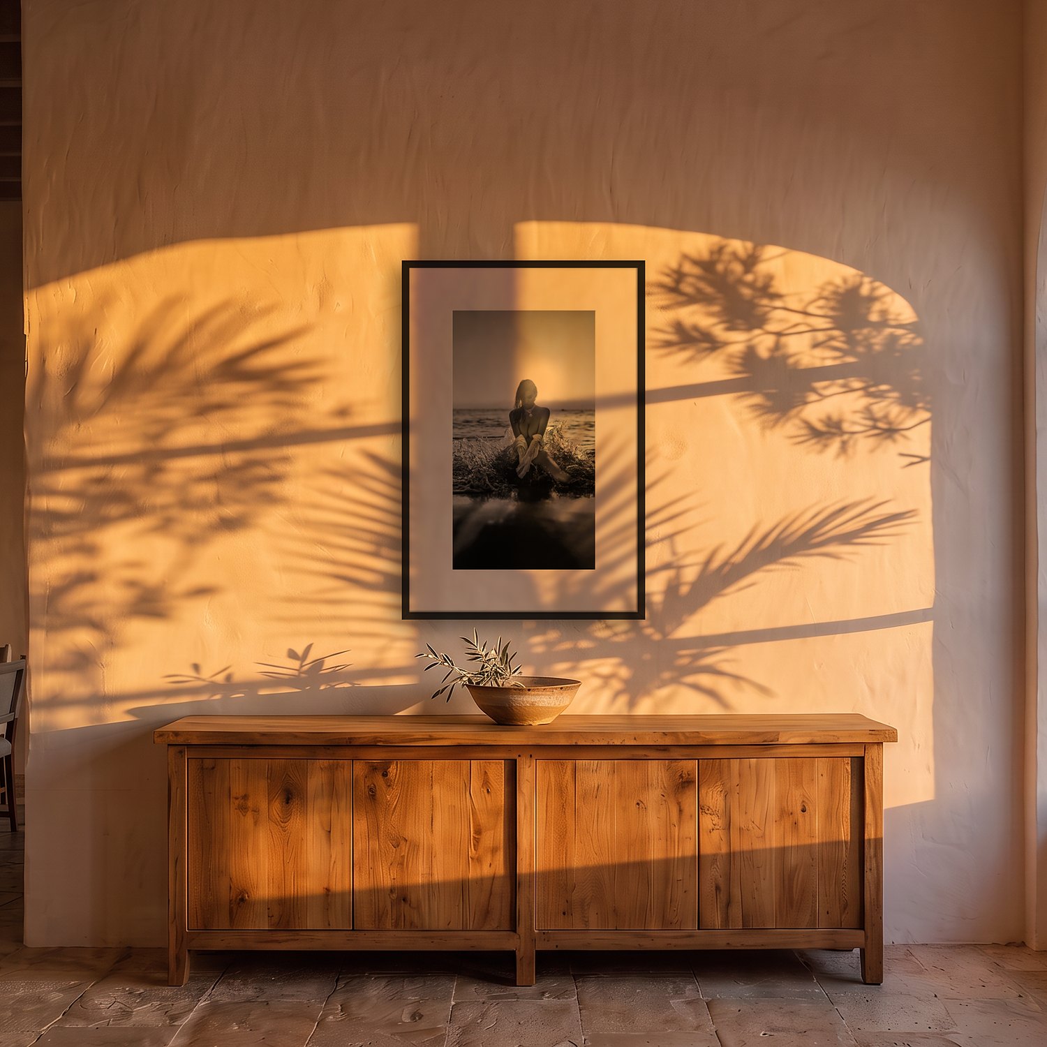 Son Mesquida – Portrait 2 Son Mesquida – black & white fine art print by Marcus Boéll, framed, shown in a dining room