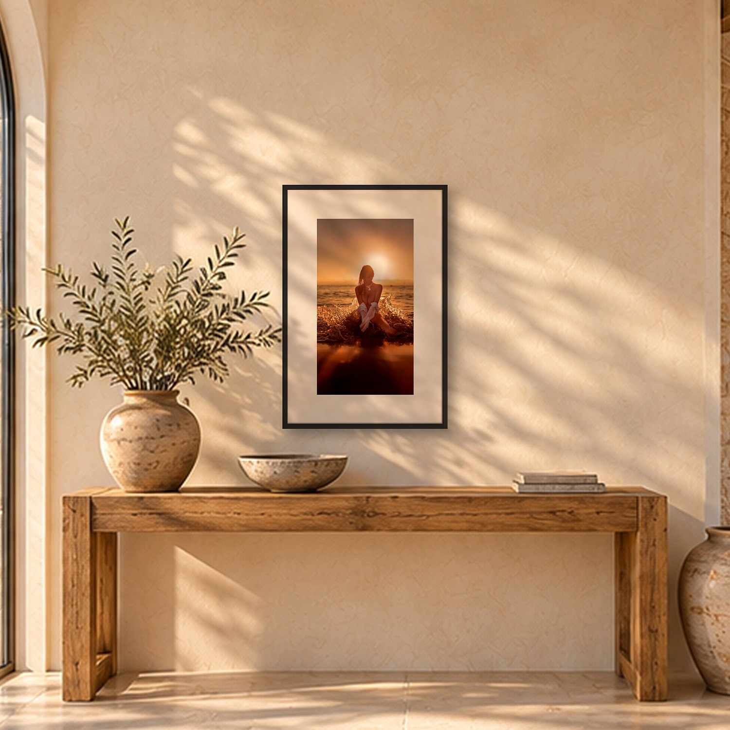 Son Mesquida – Portrait 2 Son Mesquida – color fine art print by Marcus Boéll, framed, shown in a living room