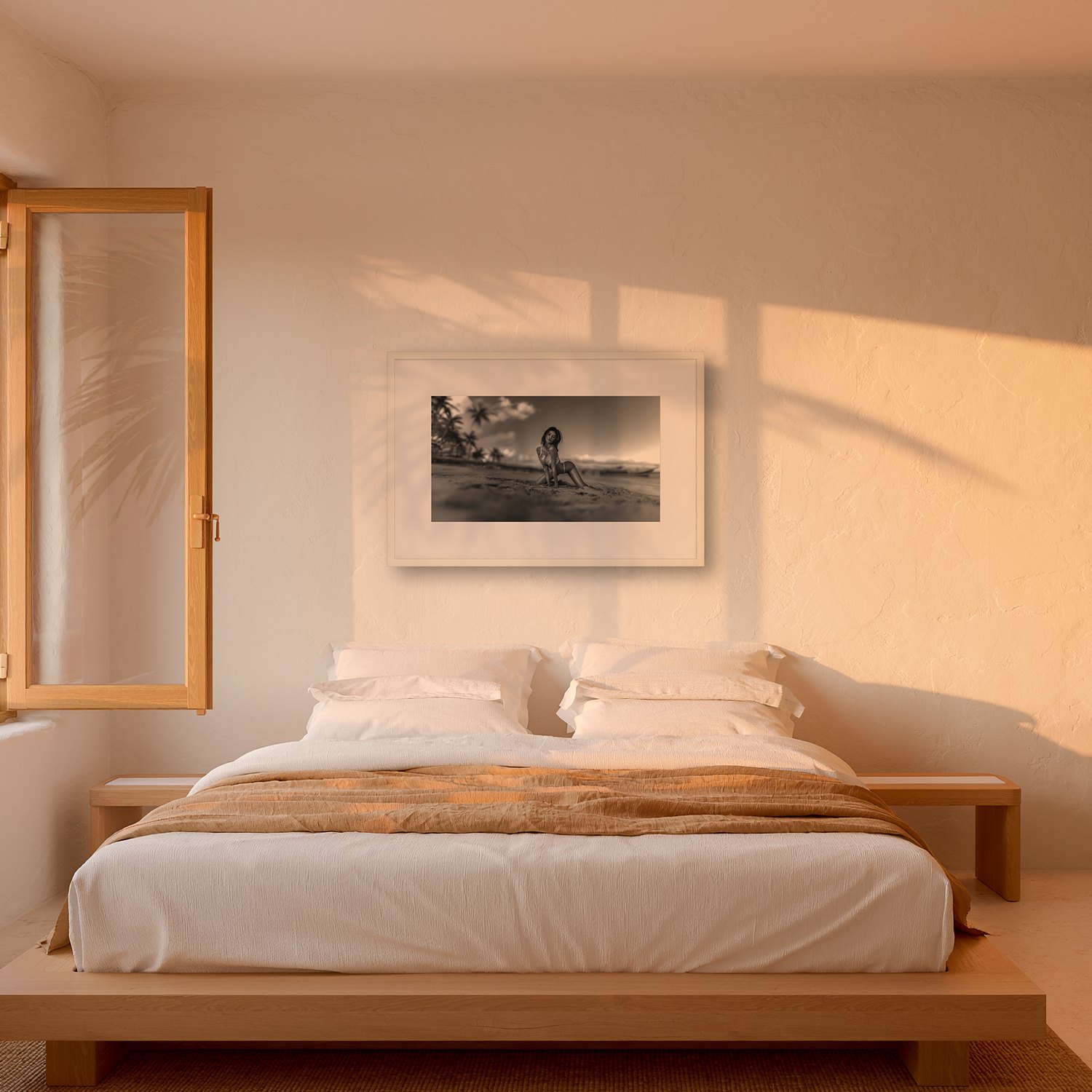 Son Moja – Landscape 2 Son Moja – black & white fine art print by Marcus Boéll, framed, shown in a bedroom