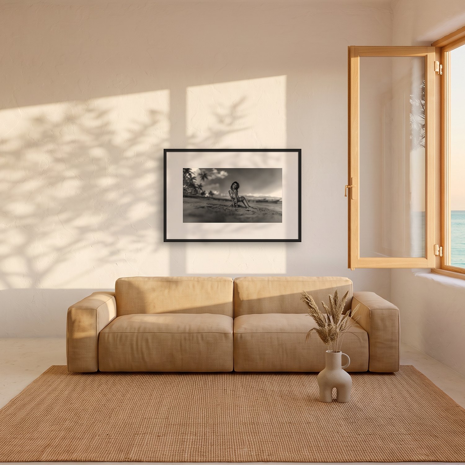 Son Moja – Landscape 3 Son Moja – black & white fine art print by Marcus Boéll, framed, shown in a living room