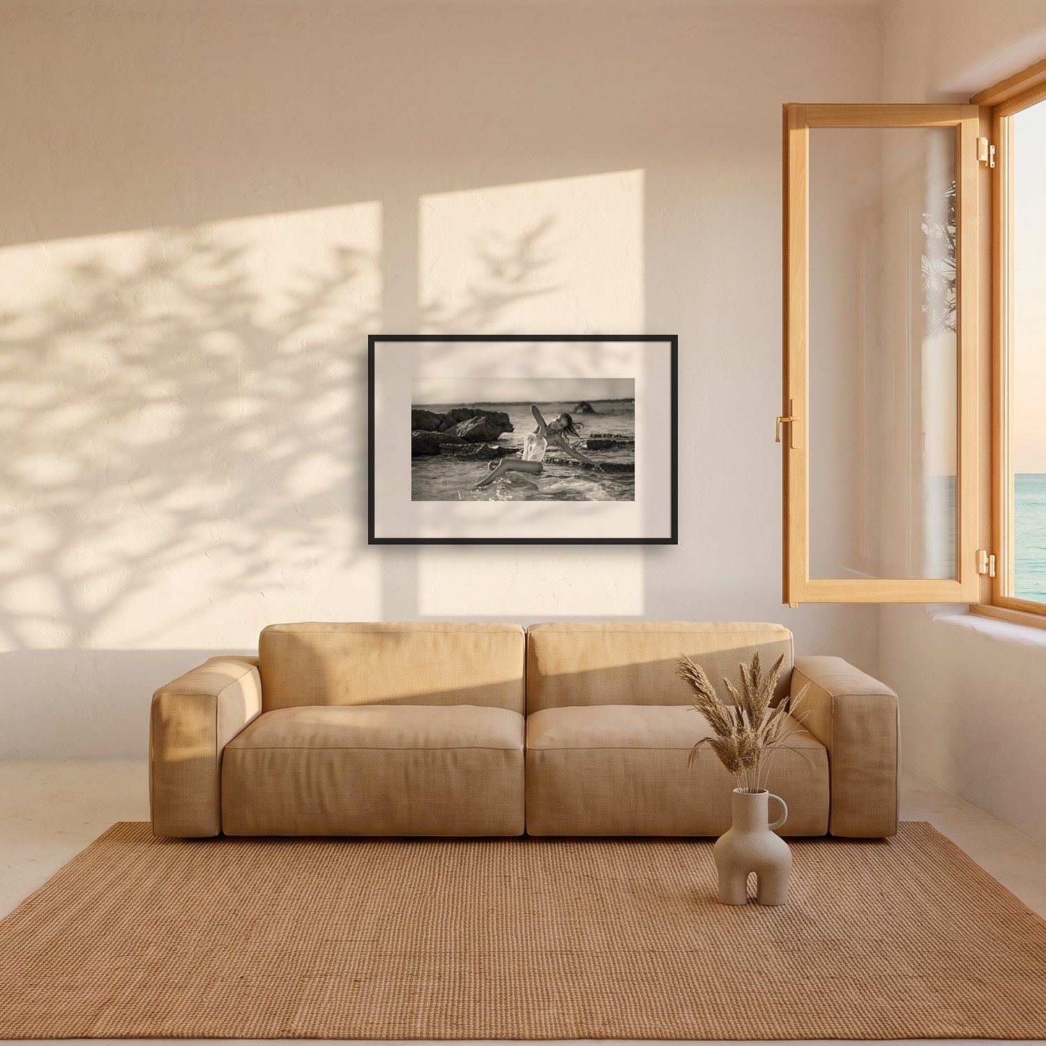 Son Servera 3 Son Servera – black & white fine art print by Marcus Boéll, framed, shown in a living room
