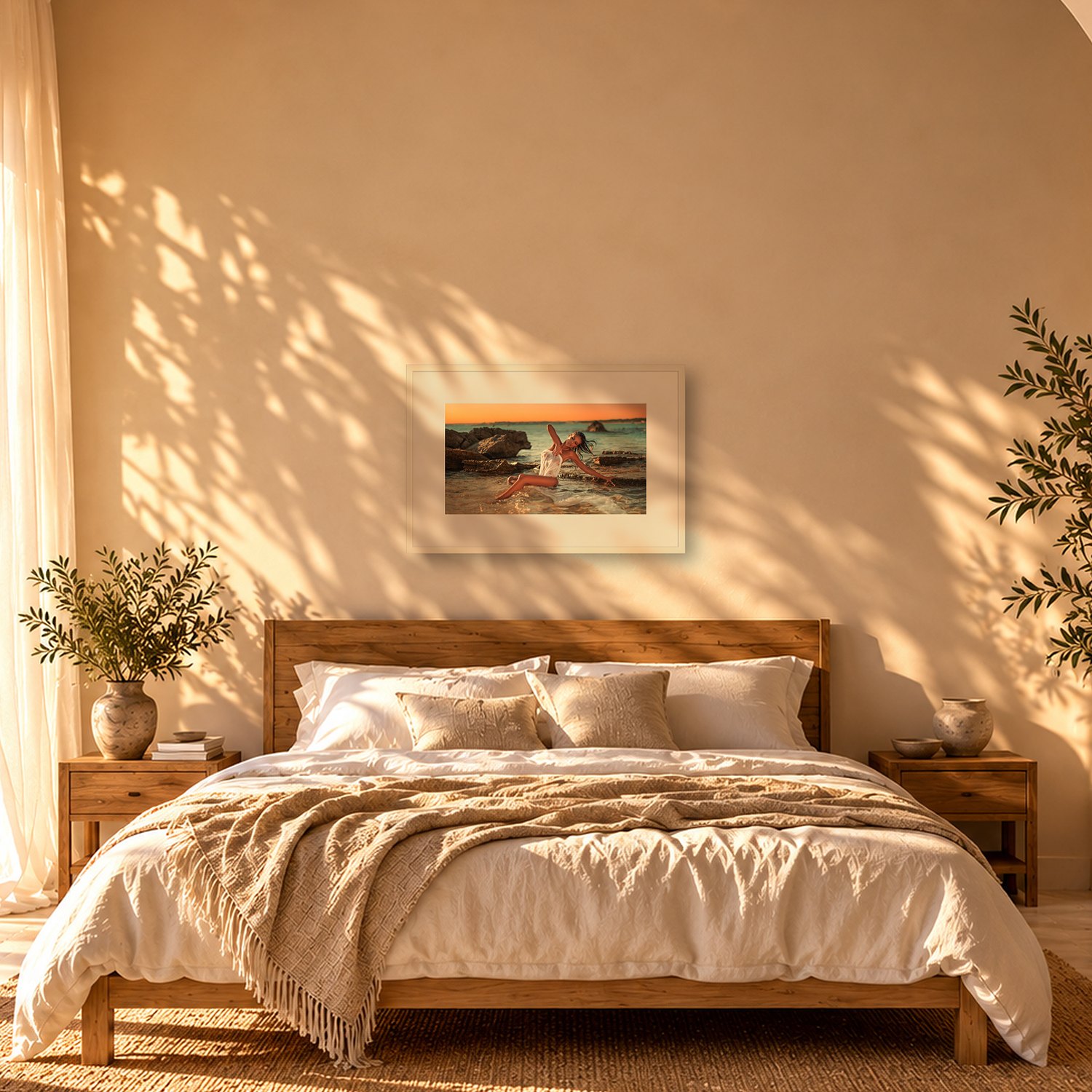 Son Servera 2 Son Servera – color fine art print by Marcus Boéll, framed, shown in a bedroom