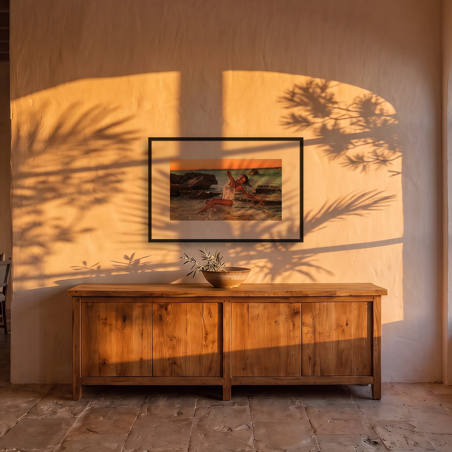 Son Servera 3 Son Servera – color fine art print by Marcus Boéll, framed, shown in a dining room