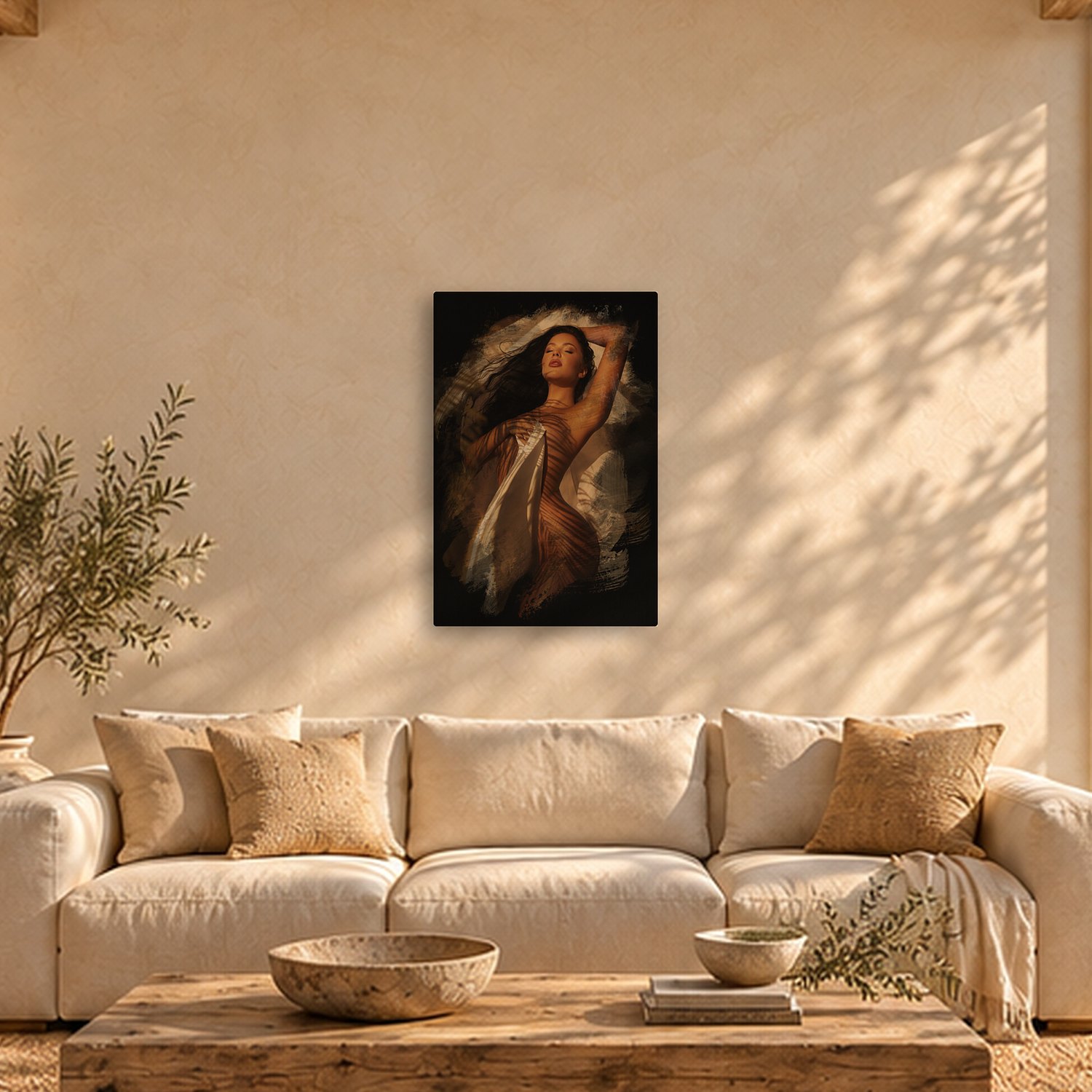 Son Servera – Graphic Art · Black · Color 2 Son Servera – graphic art canvas print by Marcus Boéll (black background, color), shown in a living room