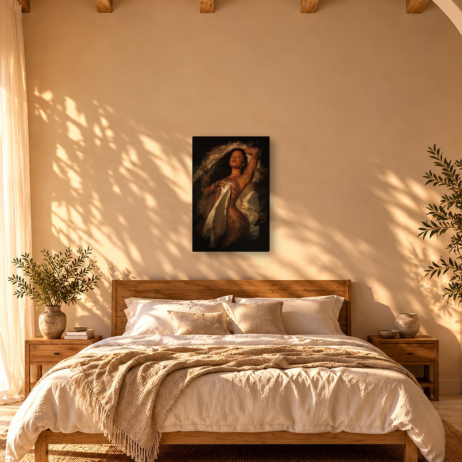 Son Servera – Graphic Art · Black · Color 3 Son Servera – graphic art canvas print by Marcus Boéll (black background, color), shown in a bedroom