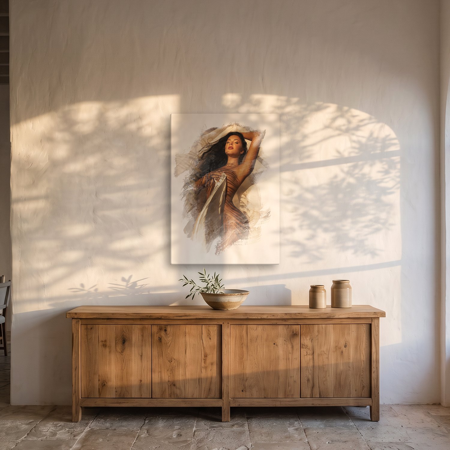 Son Servera – Graphic Art · White · Color 2 Son Servera – graphic art canvas print by Marcus Boéll (white background, color), shown in a dining room