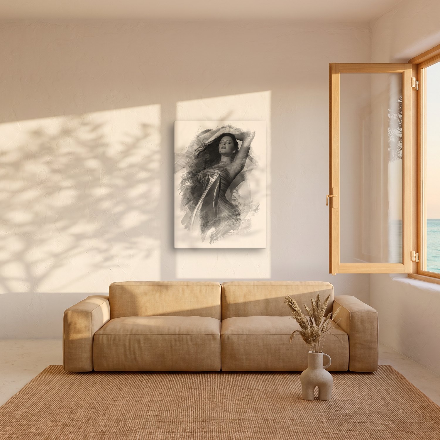 Son Servera – Graphic Art · White · Monochrome 2 Son Servera – graphic art canvas print by Marcus Boéll (white background, monochrome), shown in a living room