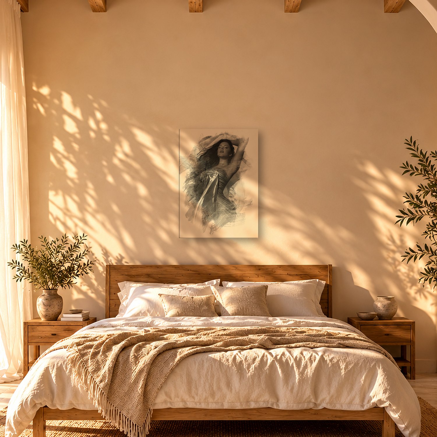 Son Servera – Graphic Art · White · Monochrome 3 Son Servera – graphic art canvas print by Marcus Boéll (white background, monochrome), shown in a bedroom