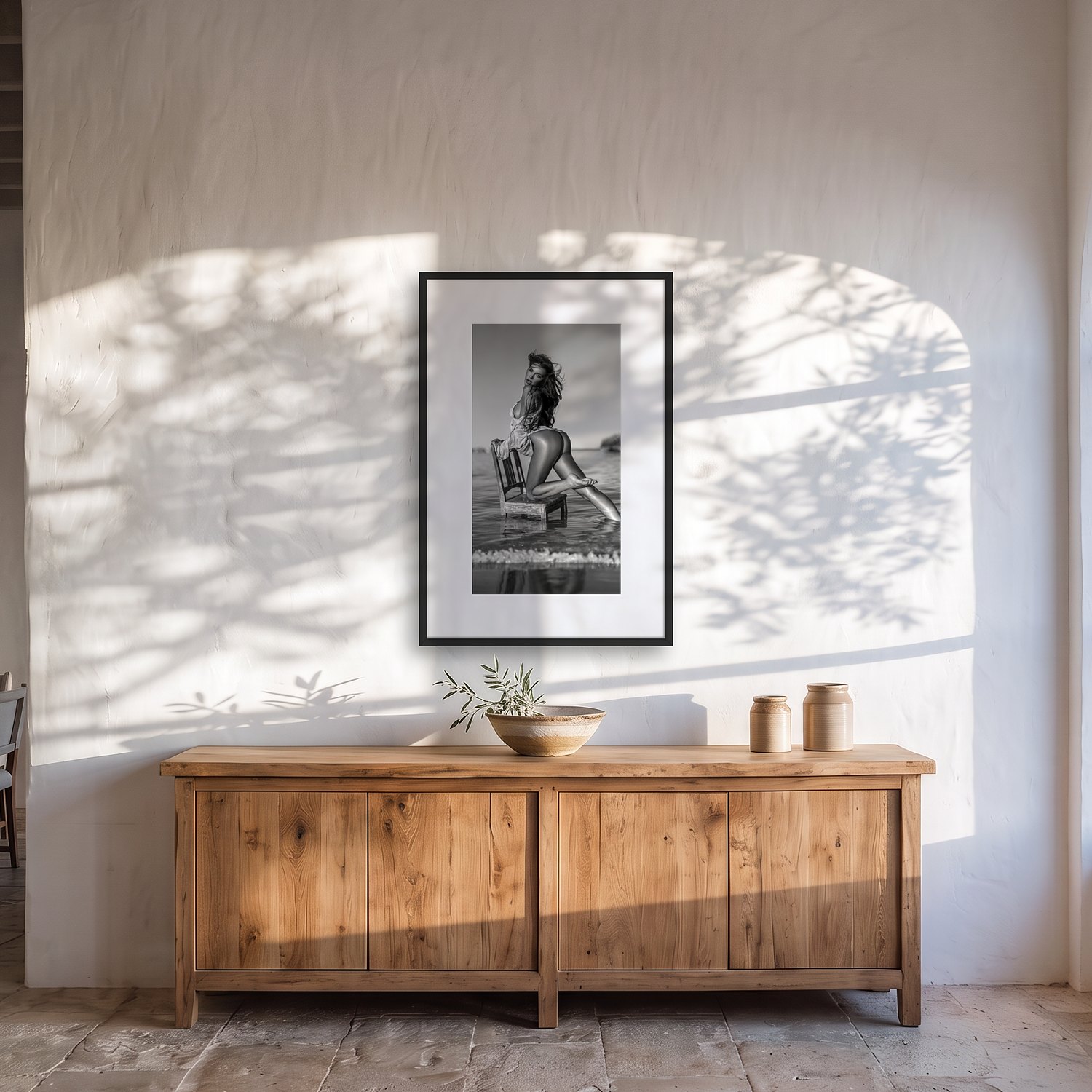 Son Talent 2 Son Talent – black & white fine art print by Marcus Boéll, framed, shown in a dining room