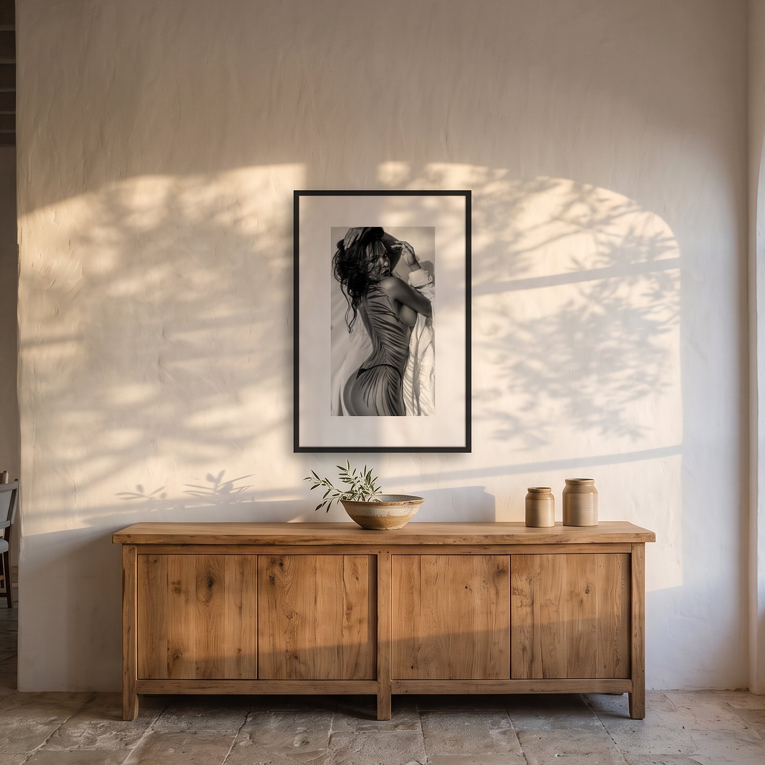 Son Valls 2 Son Valls – black & white fine art print by Marcus Boéll, framed, shown in a dining room