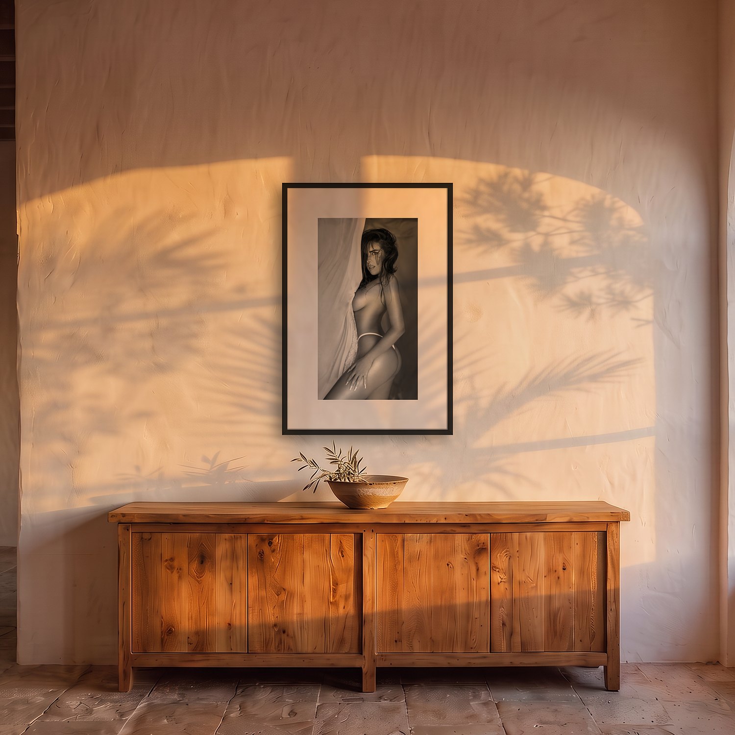 Son Vida 2 Son Vida – black & white fine art print by Marcus Boéll, framed, shown in a dining room