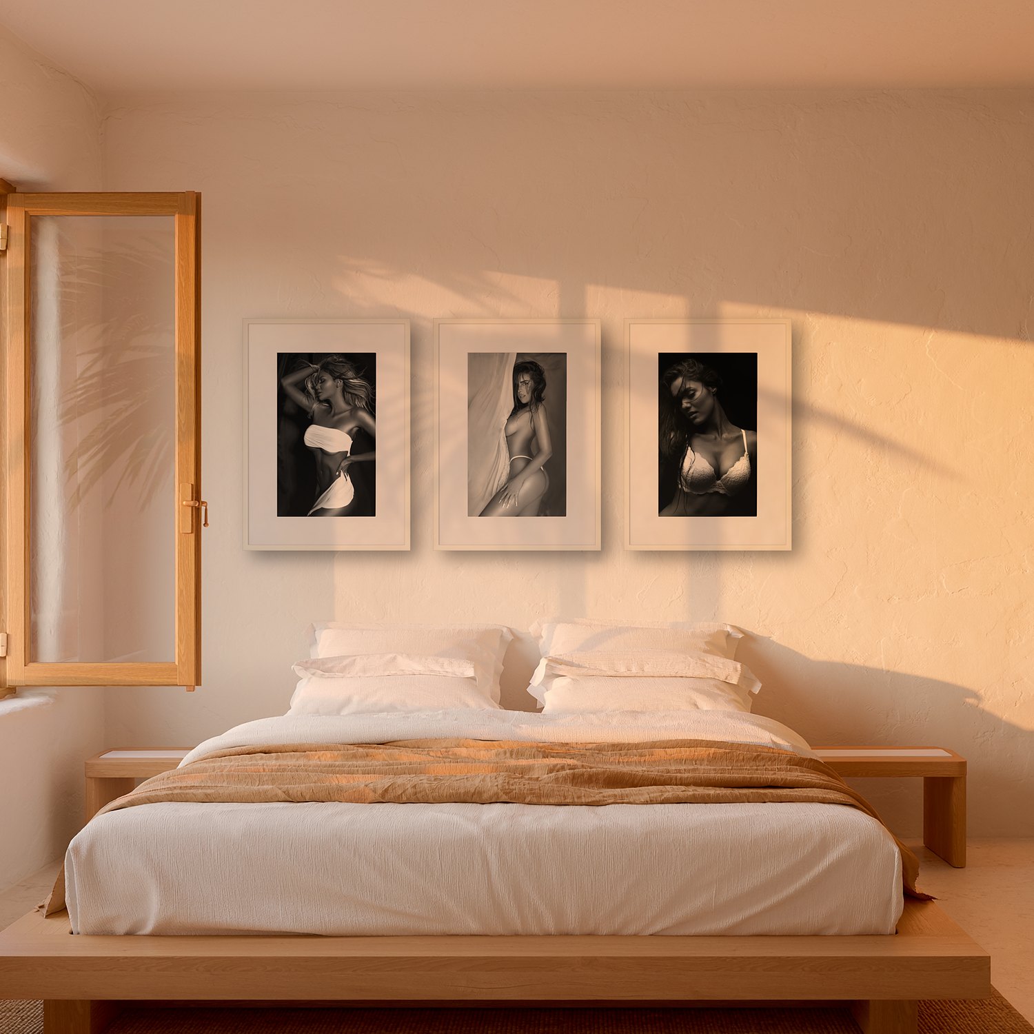 Son Vida 3 Son Vida – black & white fine art print by Marcus Boéll, framed, shown in a bedroom