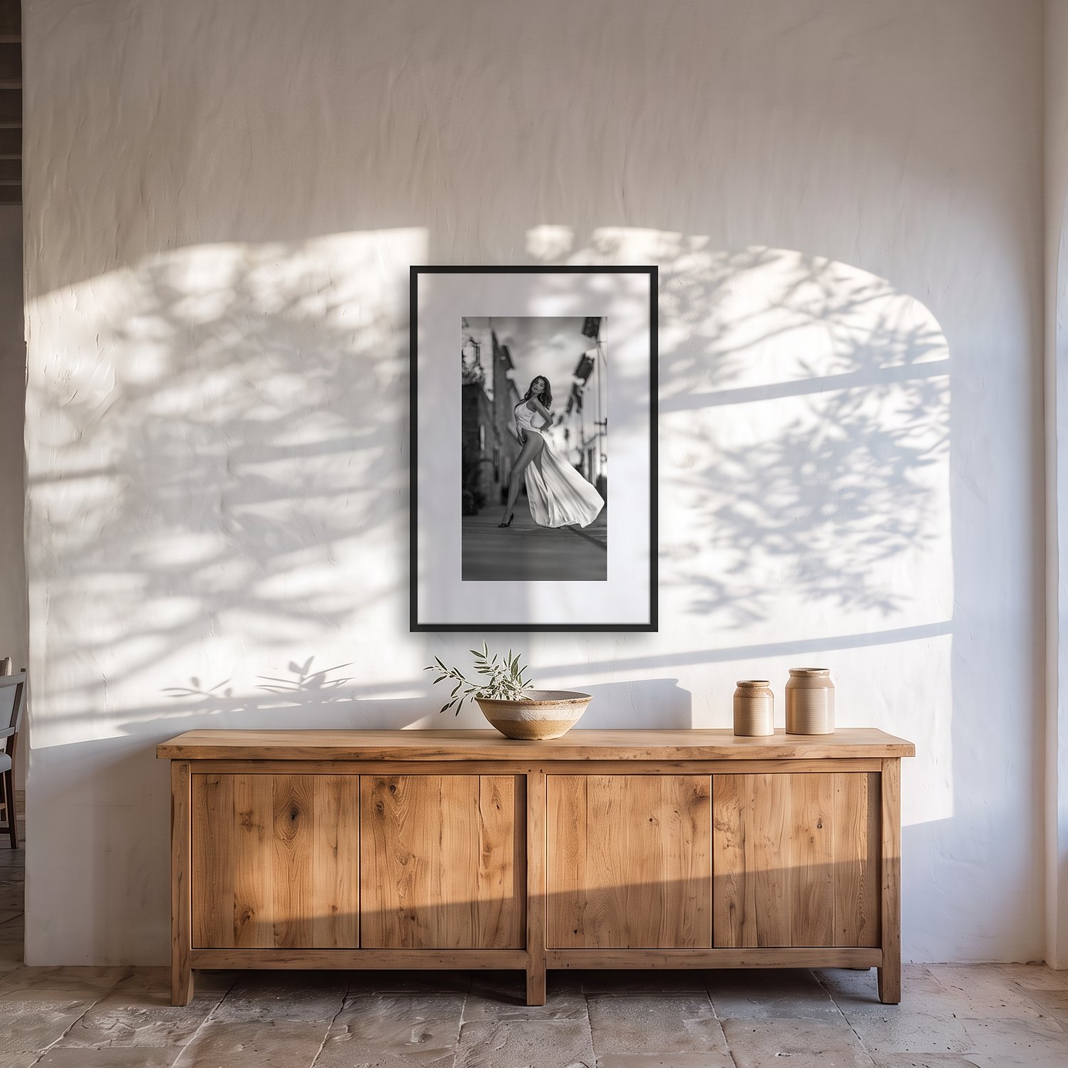 streets of Palma 2 Streets of Palma – black & white fine art print by Marcus Boéll, framed, shown in a dining room
