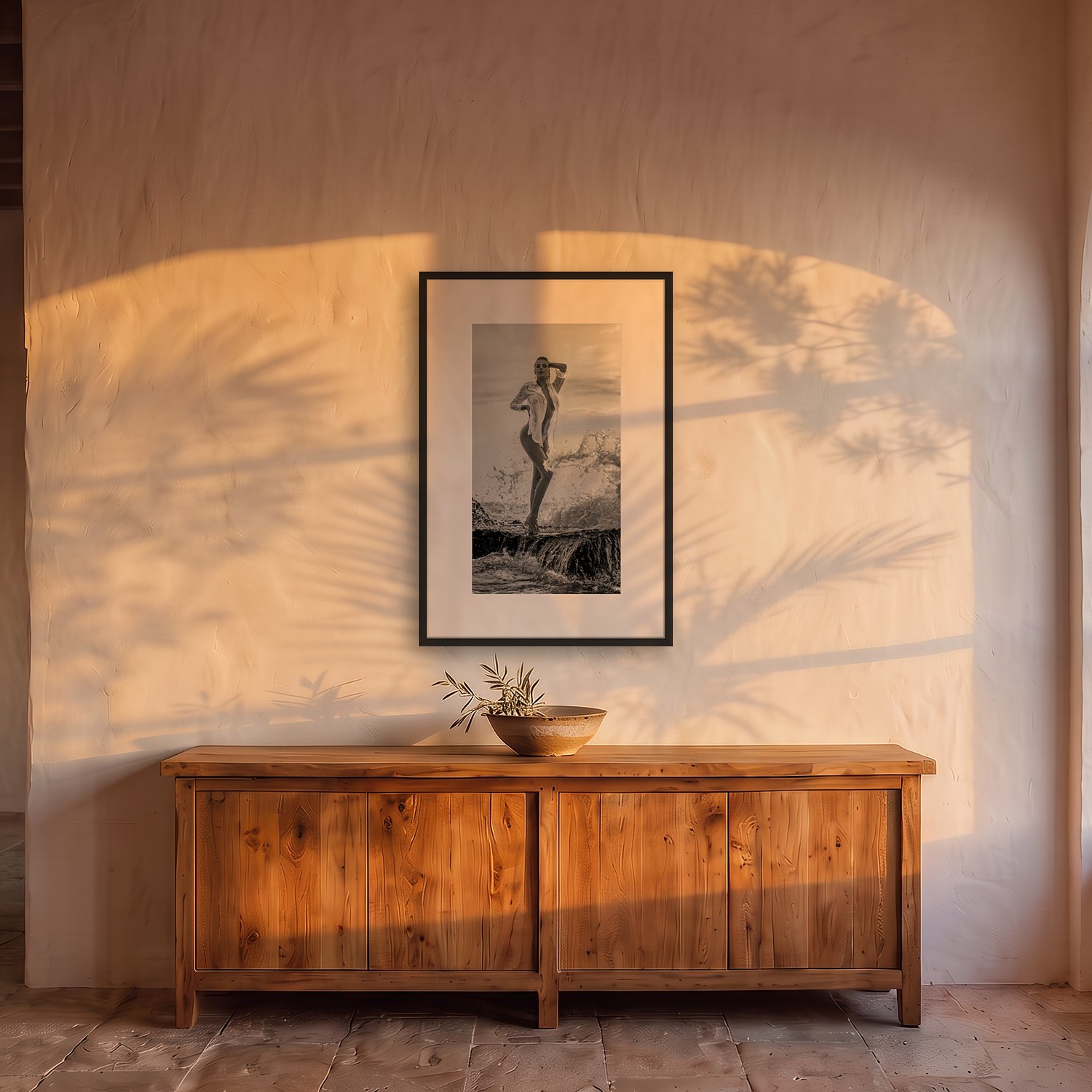 sunset wave – Portrait 2 Sunset wave – black & white fine art print by Marcus Boéll, framed, shown in a dining room