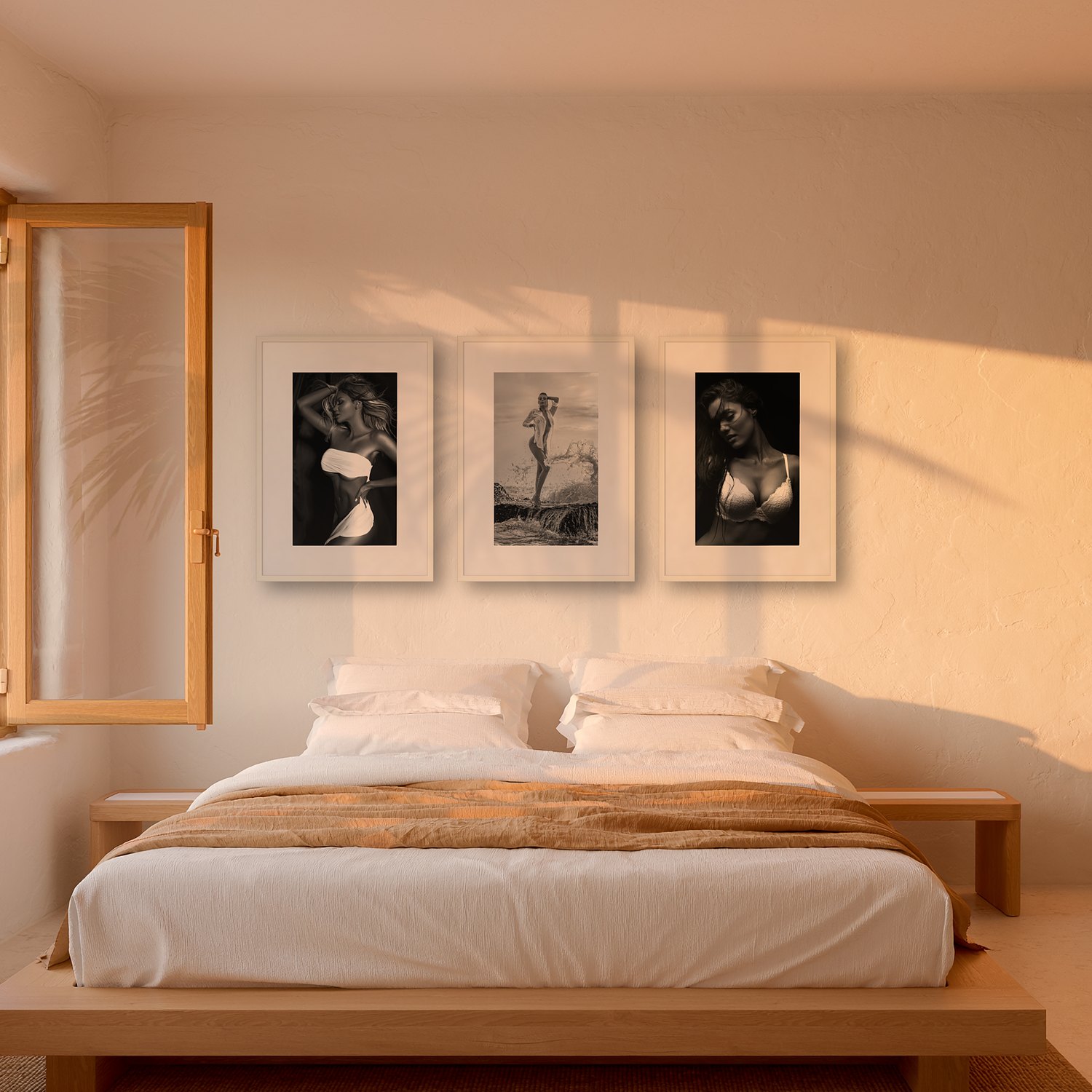 sunset wave – Portrait 3 Sunset wave – black & white fine art print by Marcus Boéll, framed, shown in a bedroom