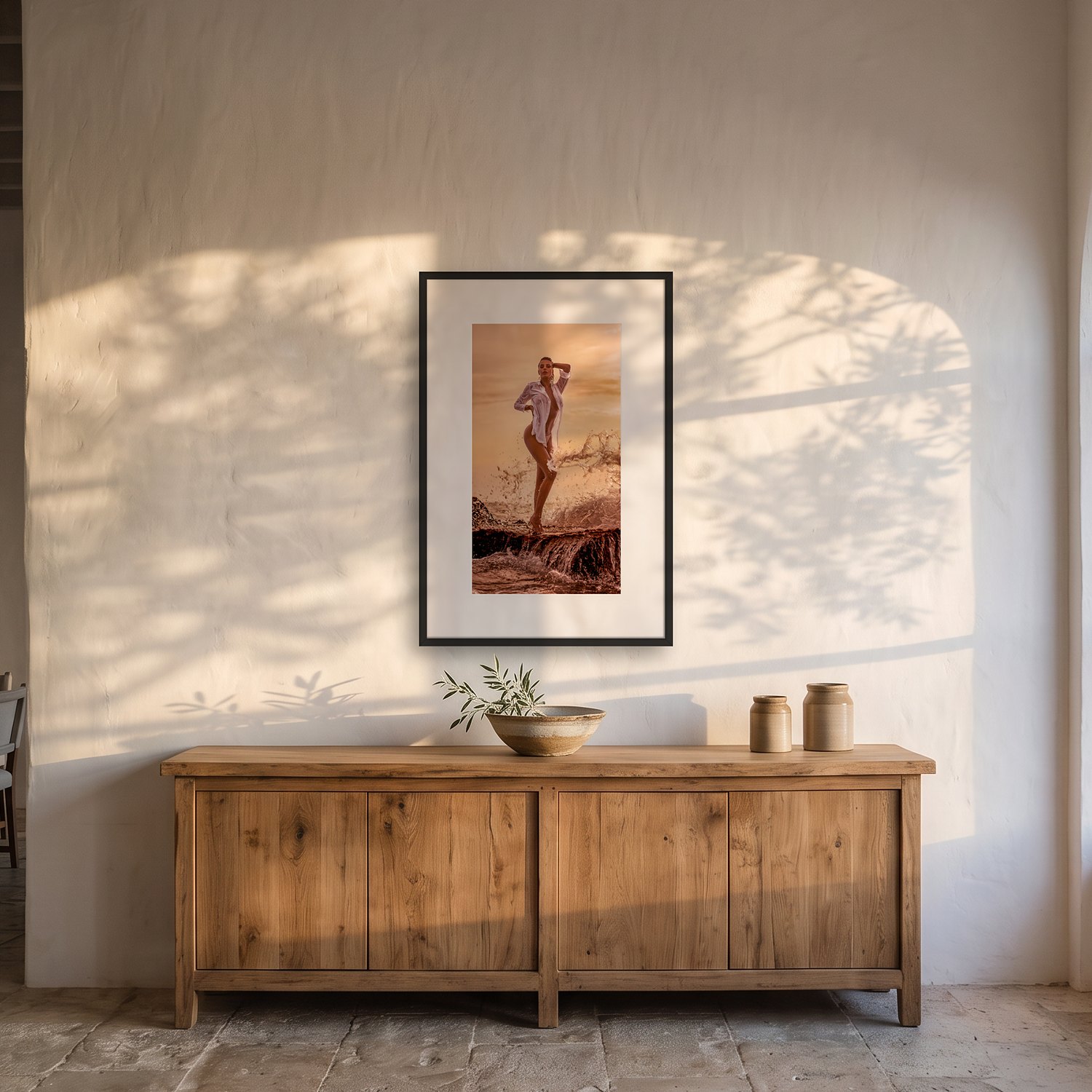 sunset wave – Portrait 2 Sunset wave – color fine art print by Marcus Boéll, framed, shown in a dining room