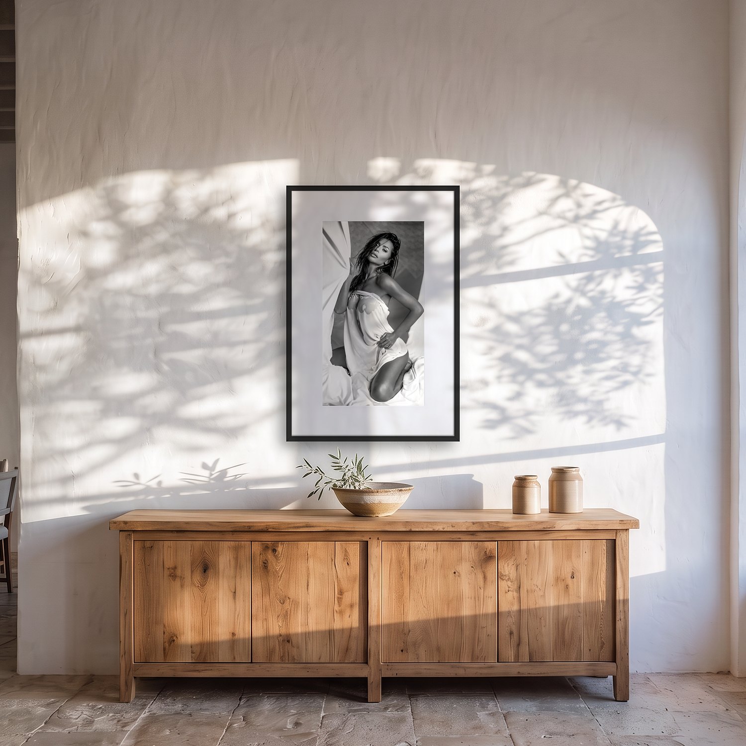 undress me with your eyes 2 Undress me with your eyes – black & white fine art print by Marcus Boéll, framed, shown in a dining room