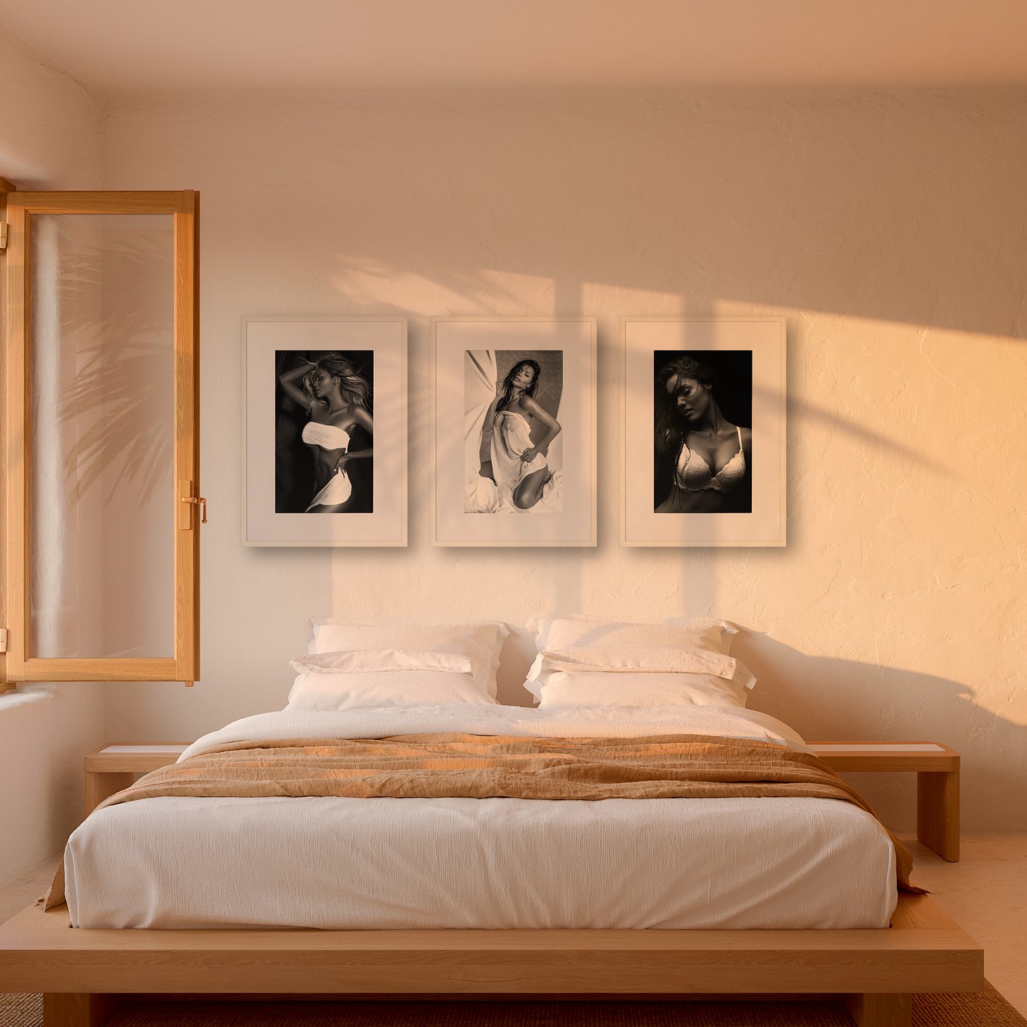 undress me with your eyes 3 Undress me with your eyes – black & white fine art print by Marcus Boéll, framed, shown in a bedroom