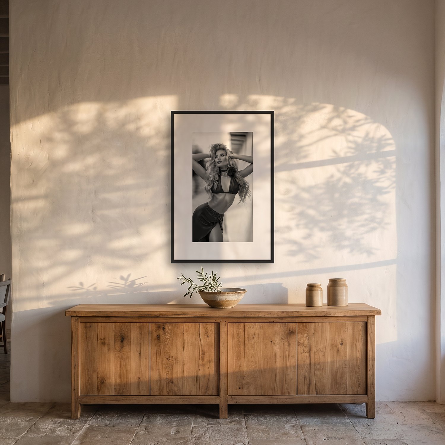 Valldemossa 2 Valldemossa – black & white fine art print by Marcus Boéll, framed, shown in a dining room