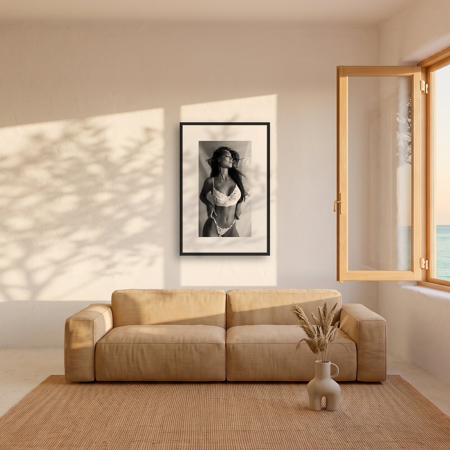 waiting for you 2 Waiting for you – black & white fine art print by Marcus Boéll, framed, shown in a living room